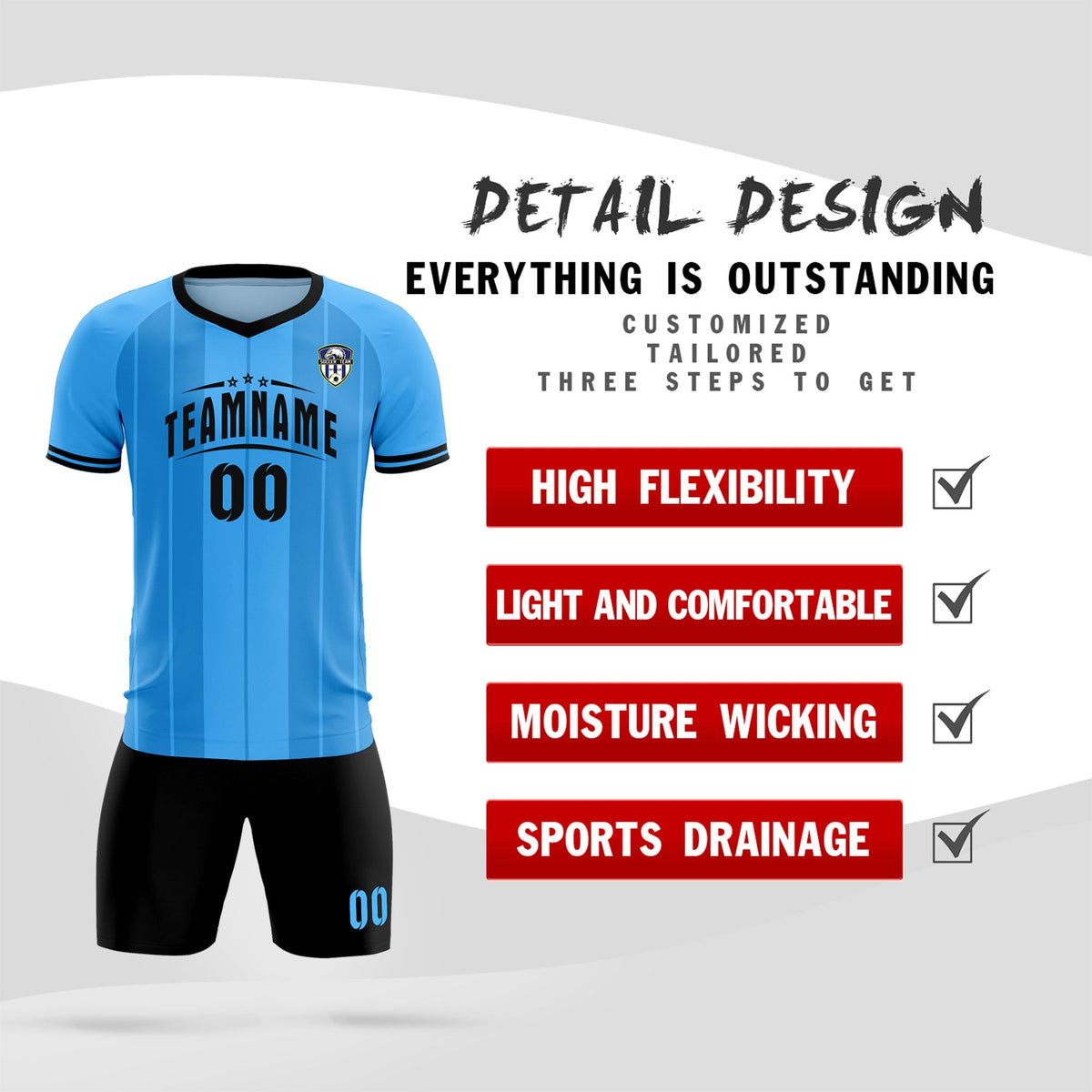 Custom Powder Blue Classic Striped Personalized Soccer Tops/Sets Jersey