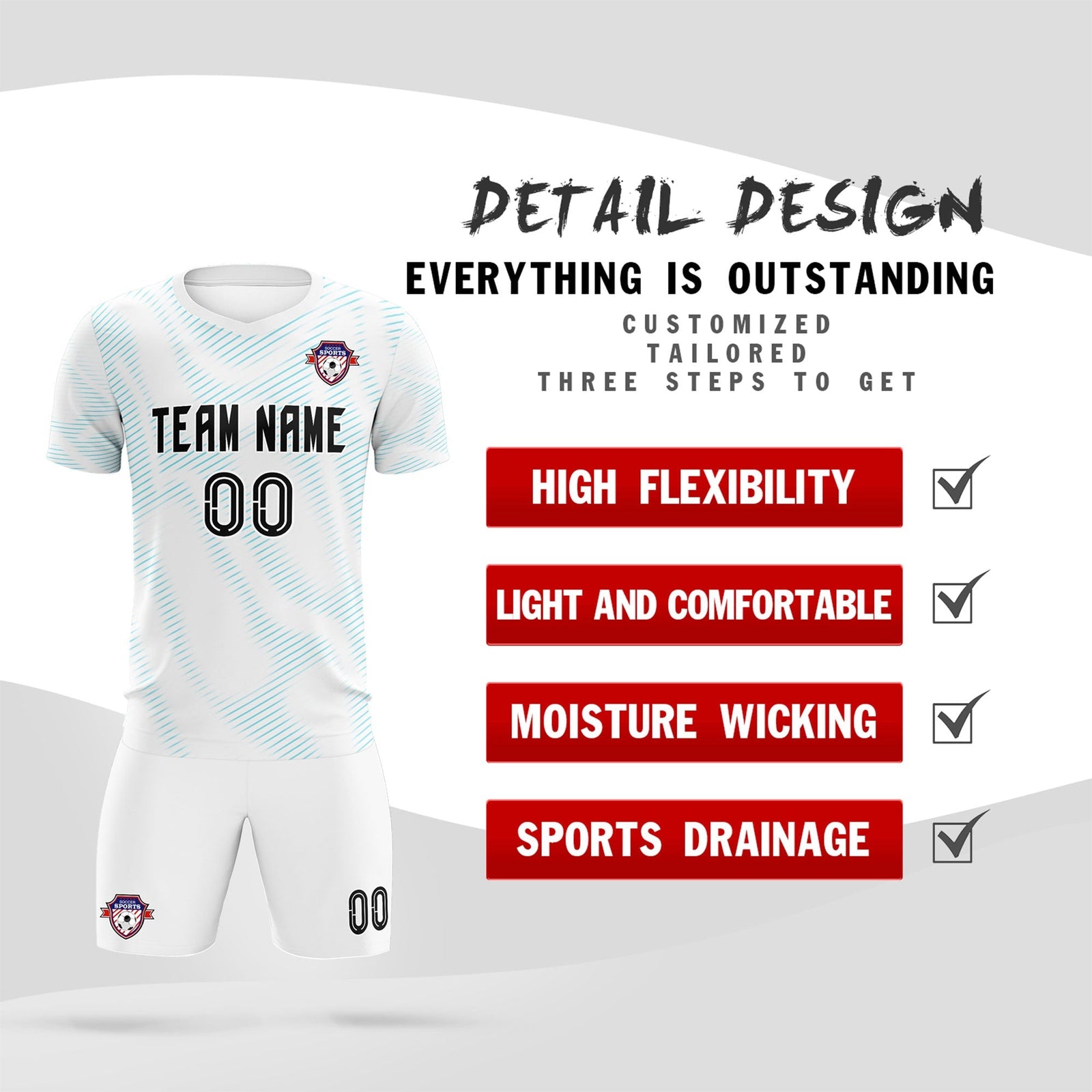 Custom White Sky Blue Training Uniform For Men Soccer Sets Jersey