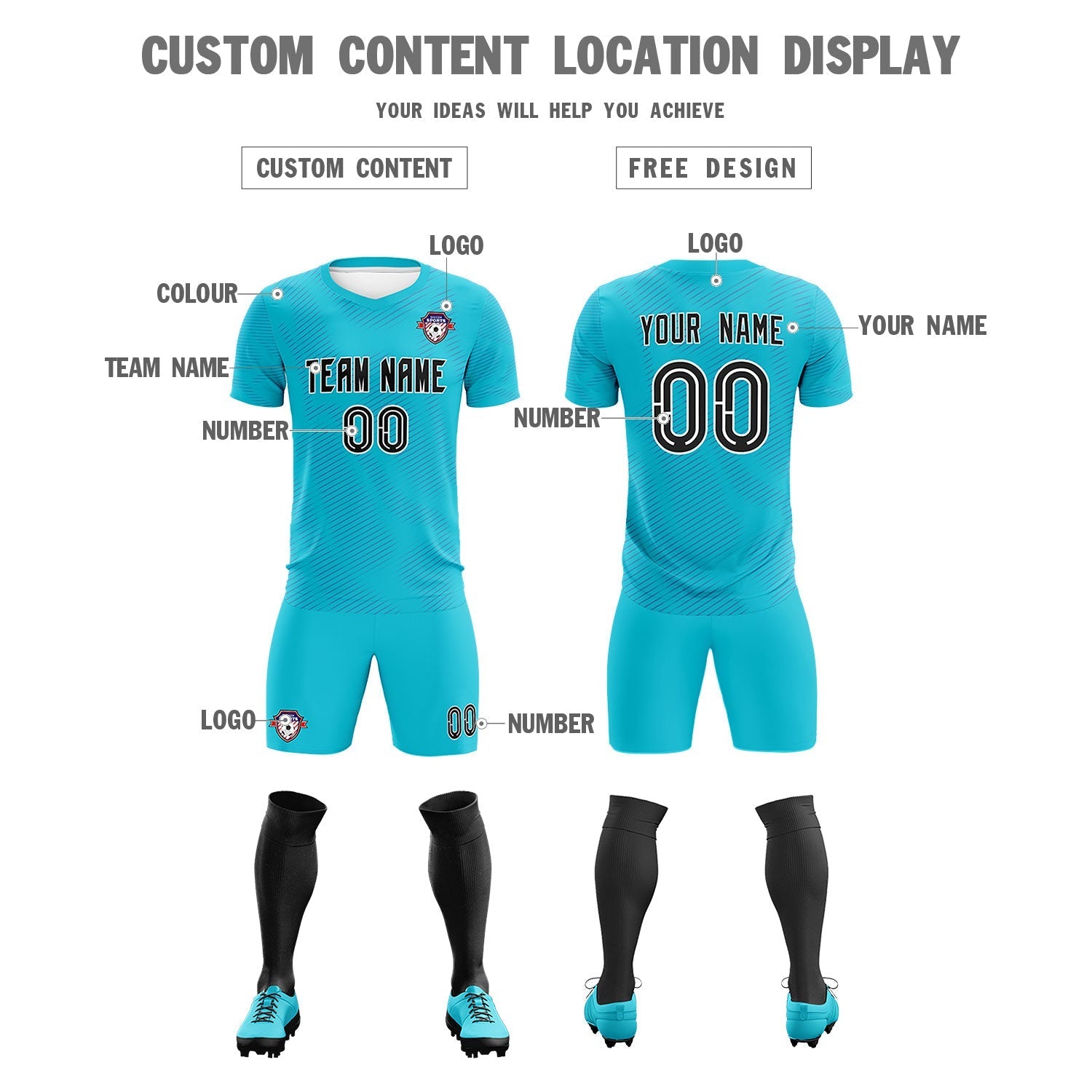 Custom Sky Blue Royal Training Uniform For Men Soccer Sets Jersey
