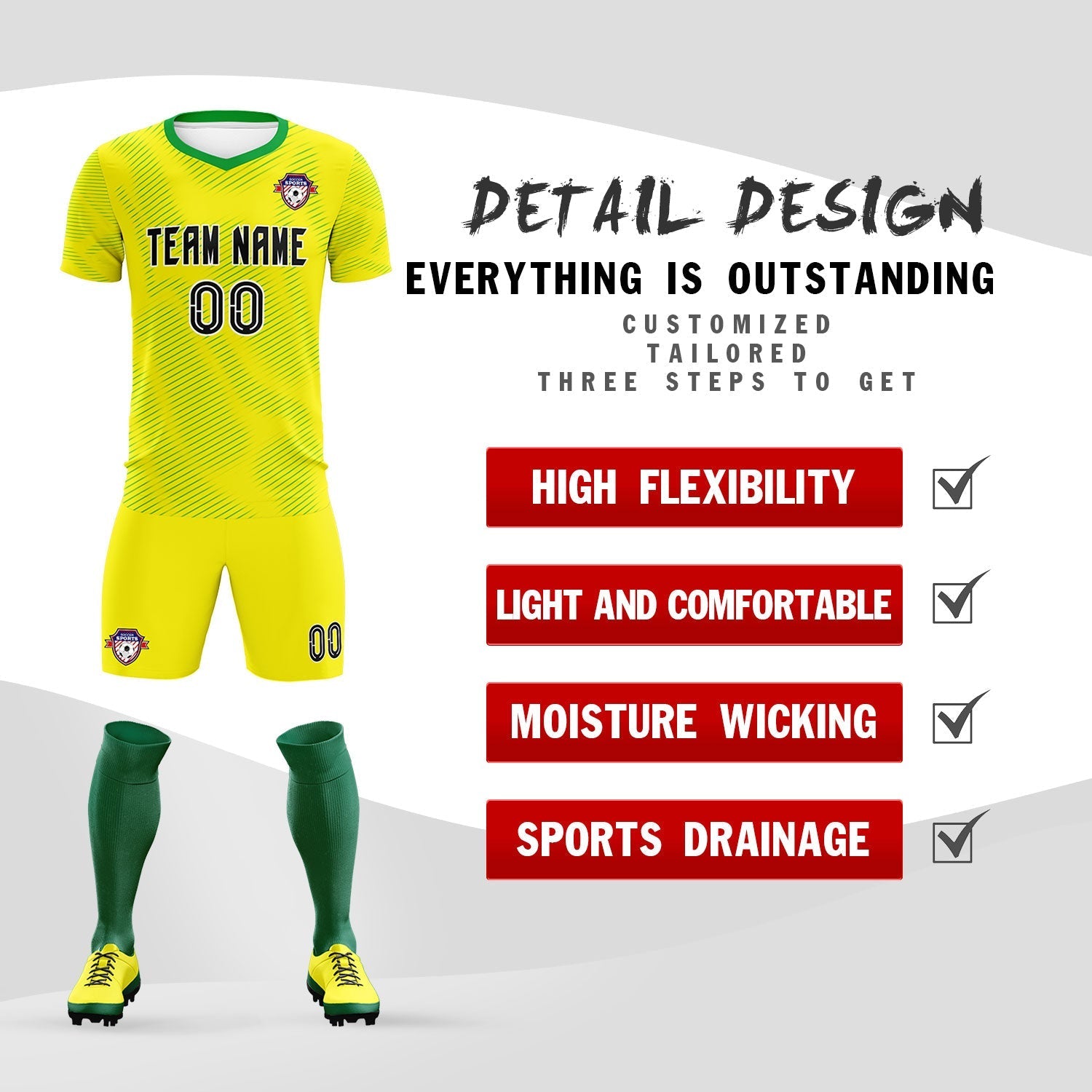 Custom Gold Kelly Green Training Uniform For Men Soccer Sets Jersey