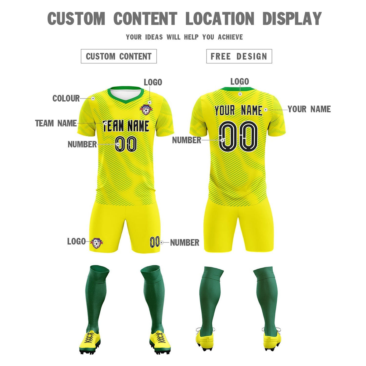 Custom Gold Kelly Green Training Uniform For Men Soccer Sets Jersey