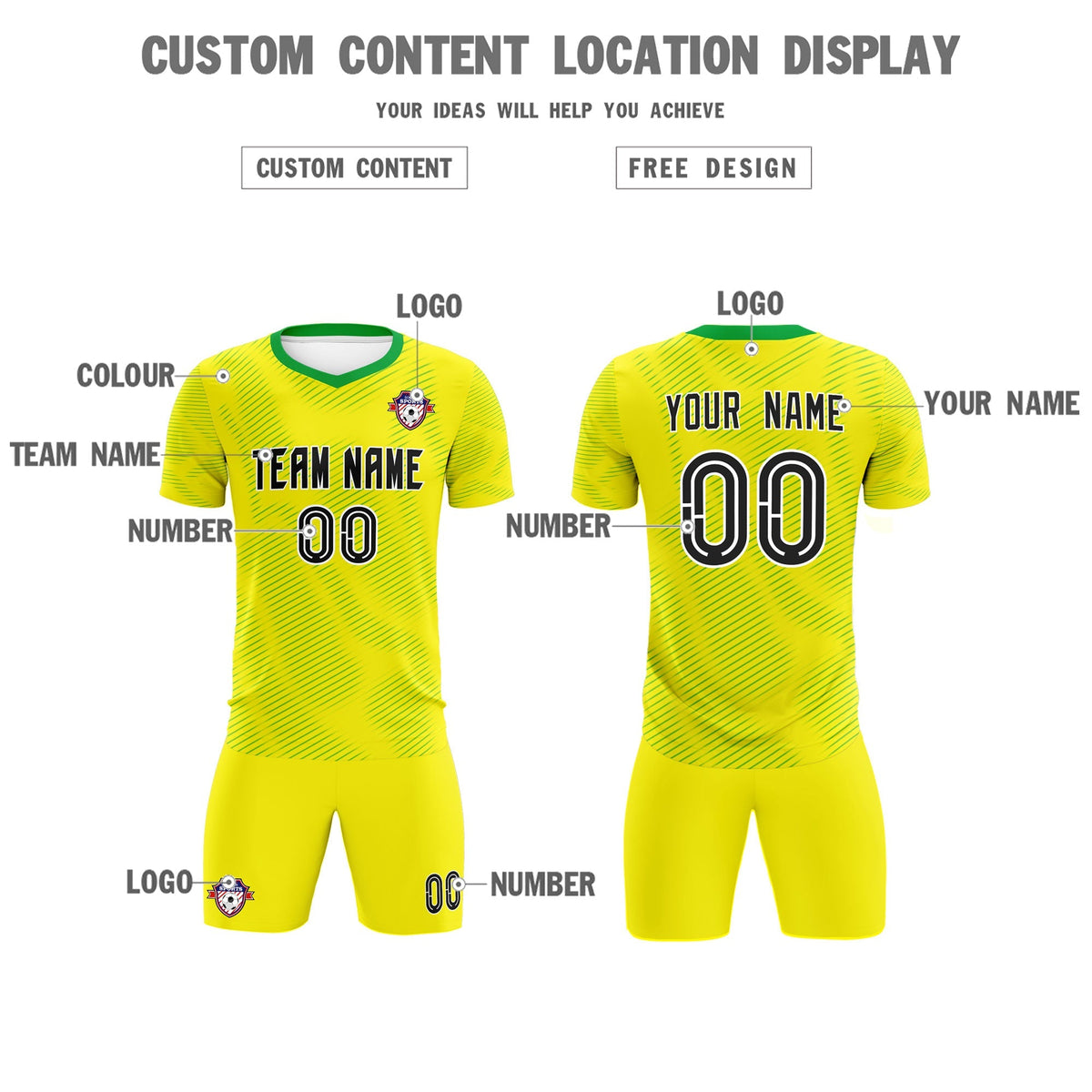 Custom Gold Kelly Green Training Uniform For Men Soccer Sets Jersey
