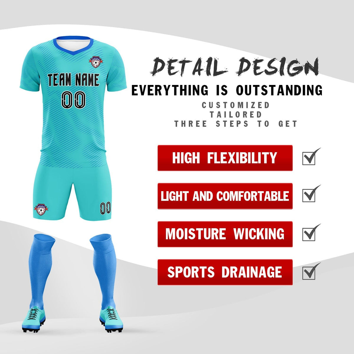 Custom Sky Blue Powder Blue Training Uniform For Men Soccer Sets Jersey