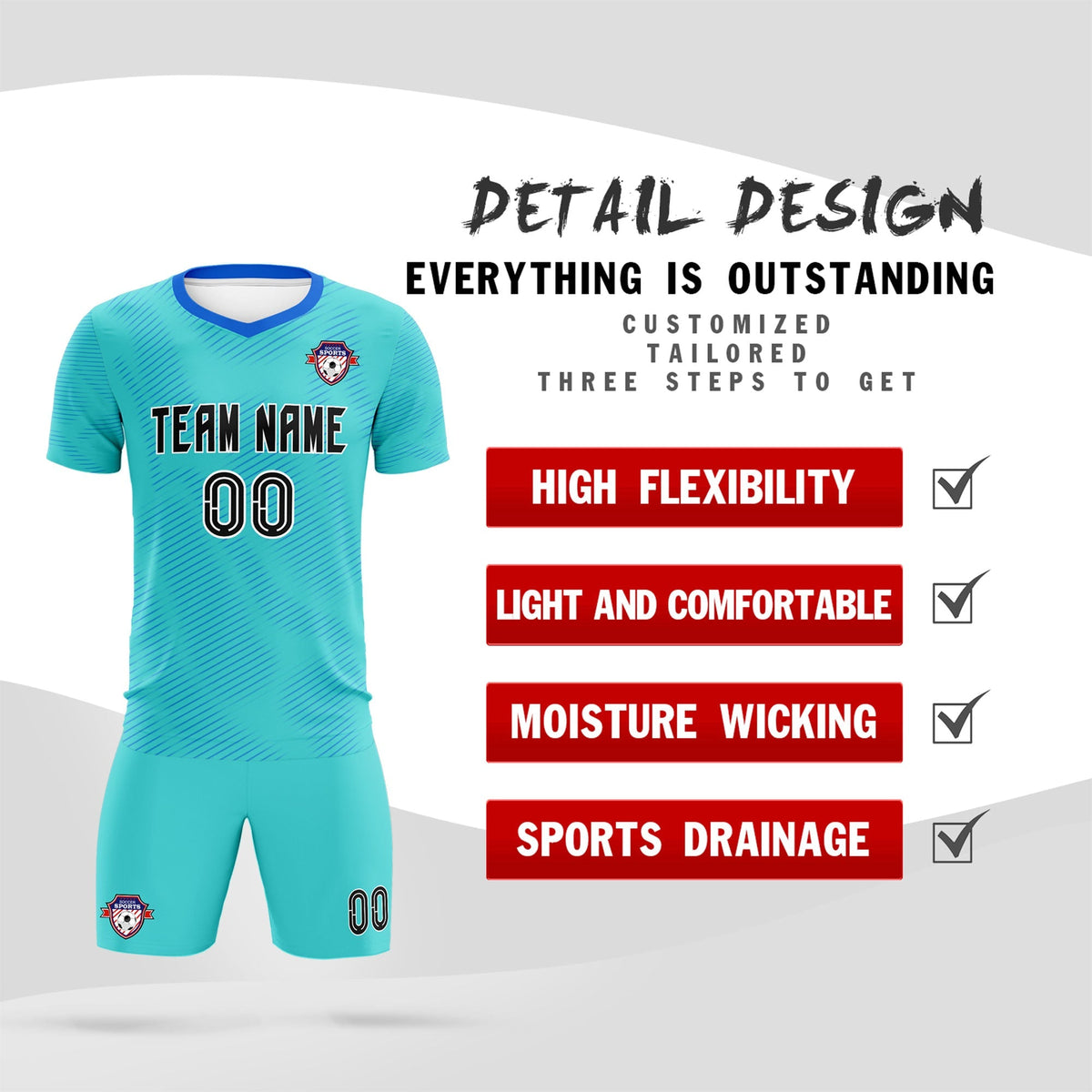 Custom Sky Blue Powder Blue Training Uniform For Men Soccer Sets Jersey
