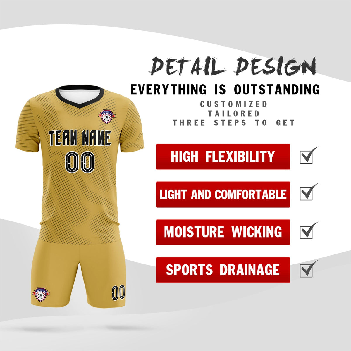 Custom Old Gold Black Training Uniform For Men Soccer Sets Jersey