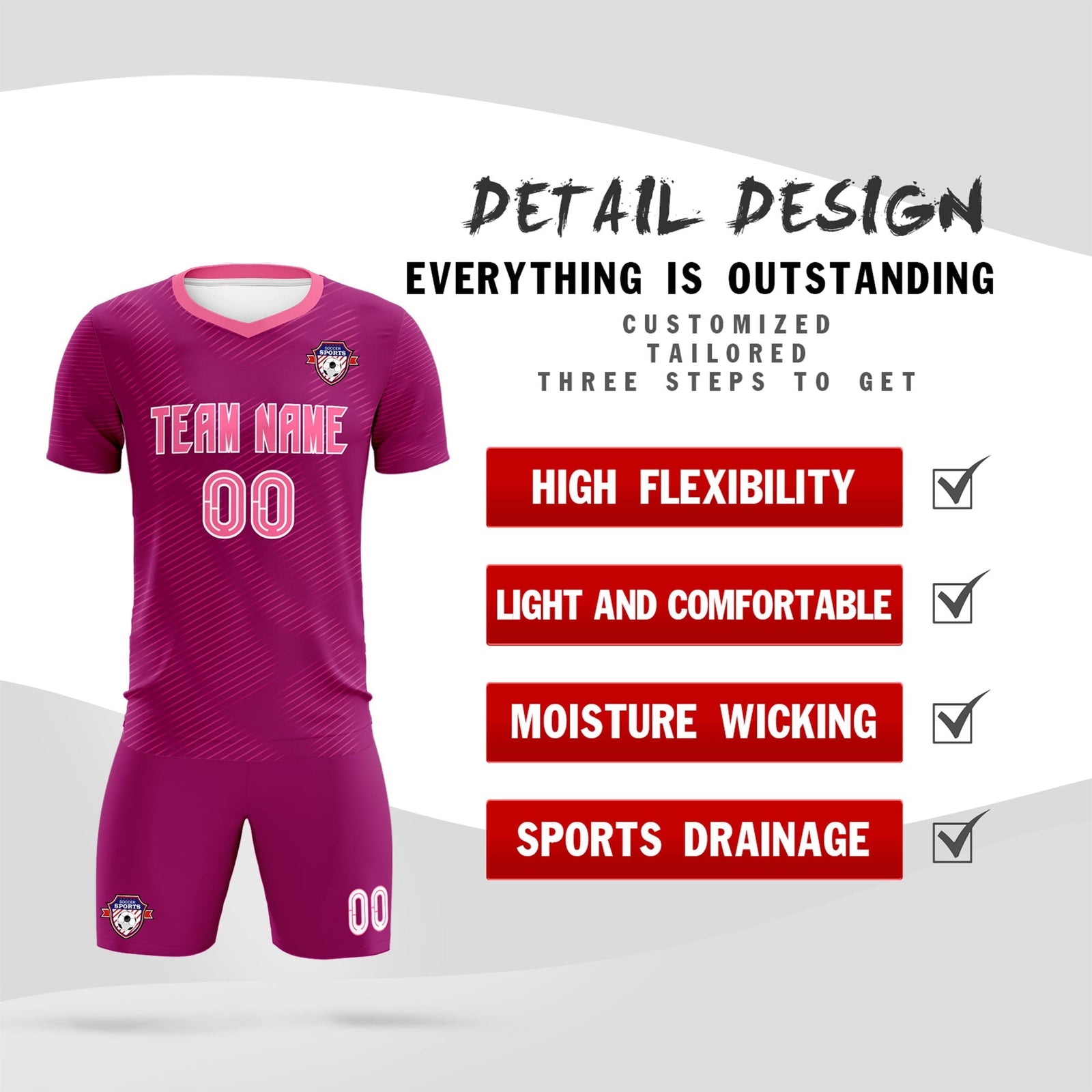 Custom Rose Red Pink Training Uniform For Men Soccer Sets Jersey