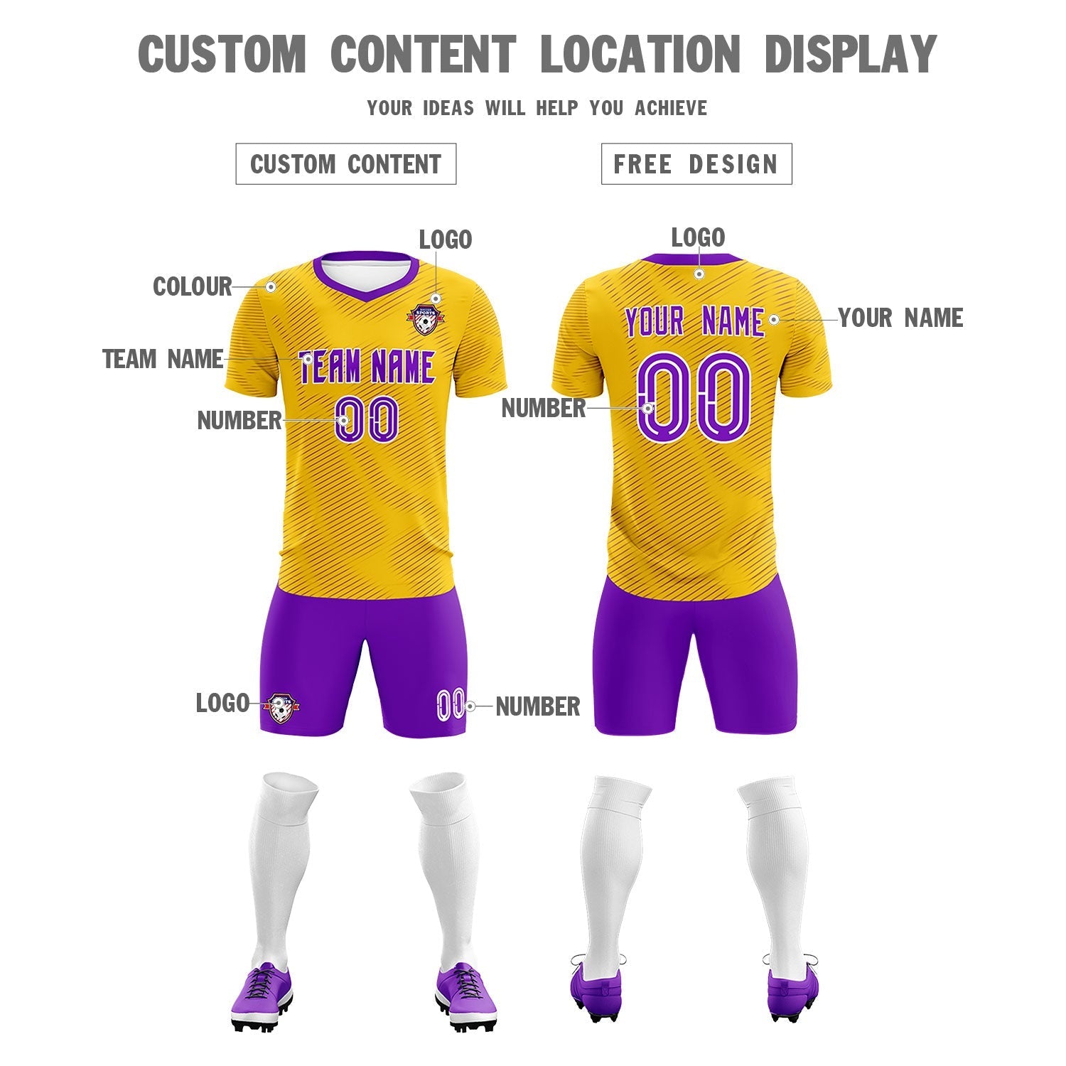 Custom Gold Purple Training Uniform For Men Soccer Sets Jersey