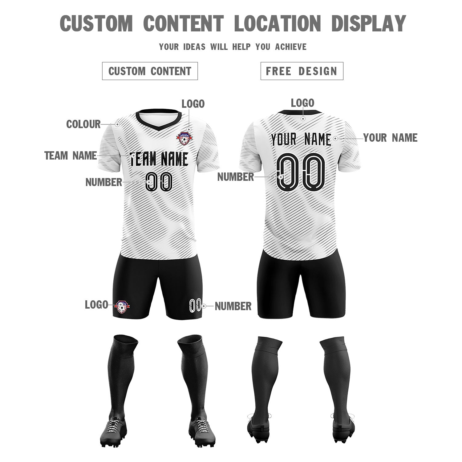 Custom White Black Training Uniform For Men Soccer Sets Jersey