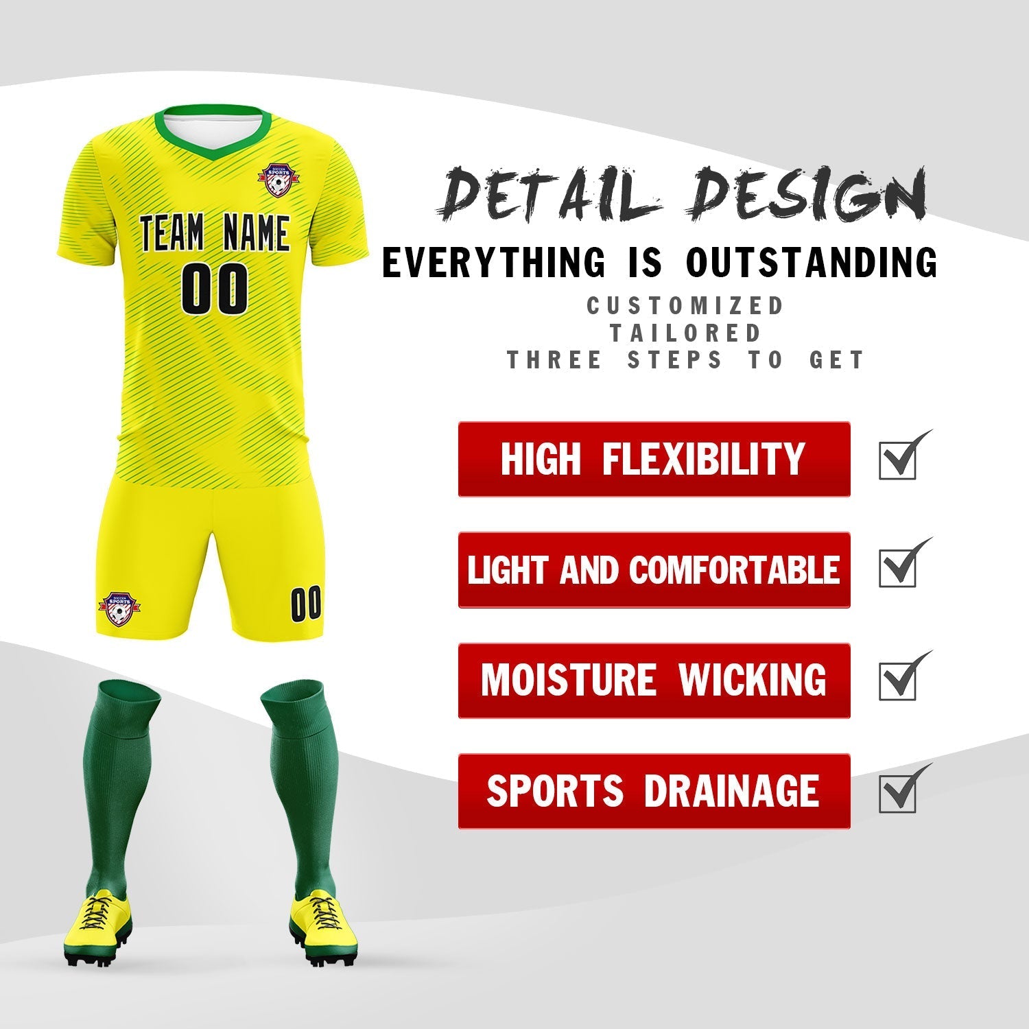 Custom Gold Kelly Green Training Uniform For Men Soccer Sets Jersey