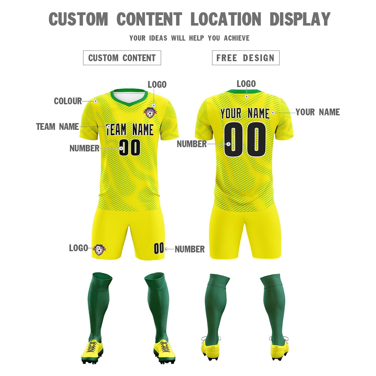 Custom Gold Kelly Green Training Uniform For Men Soccer Sets Jersey
