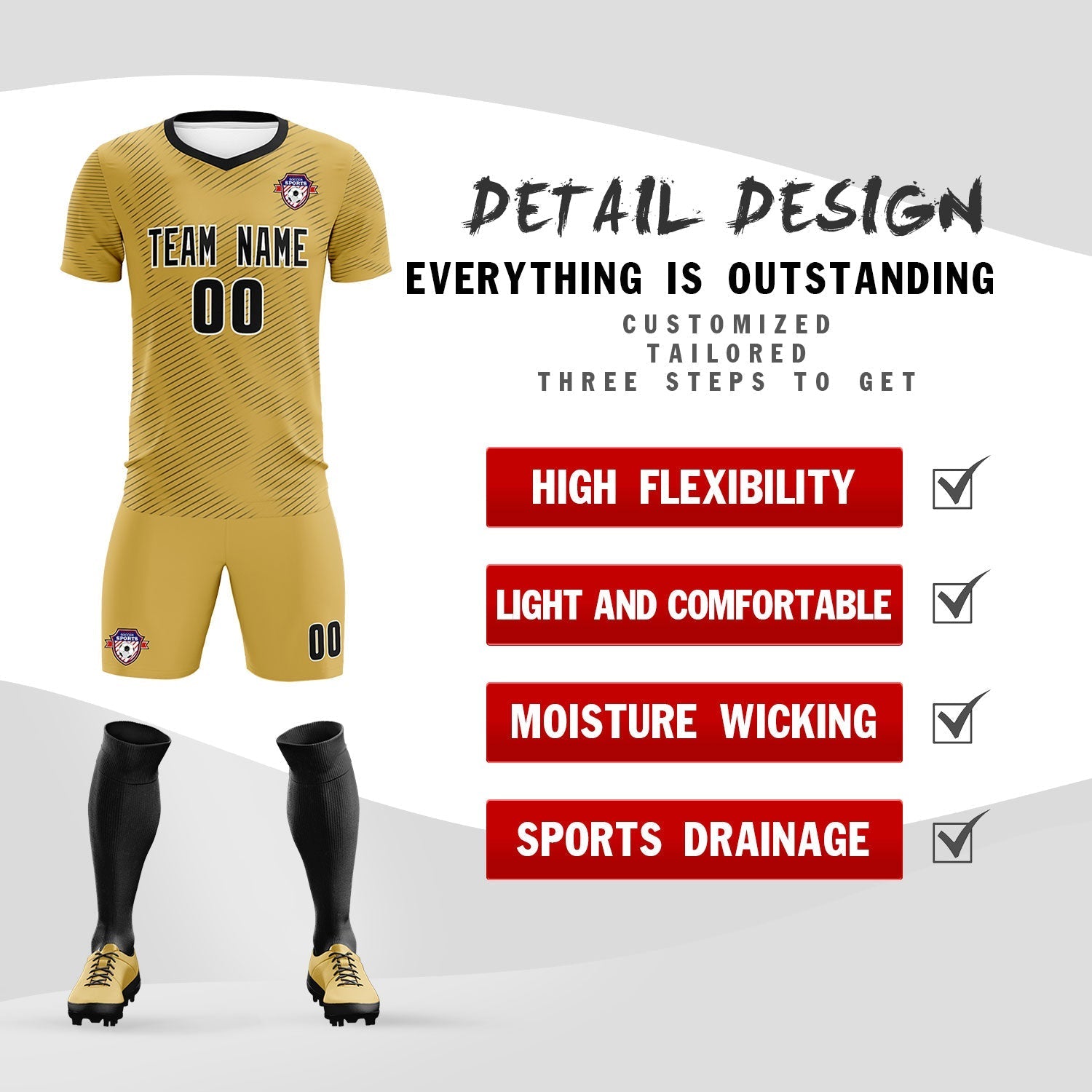 Custom Old Gold Black Training Uniform For Men Soccer Sets Jersey