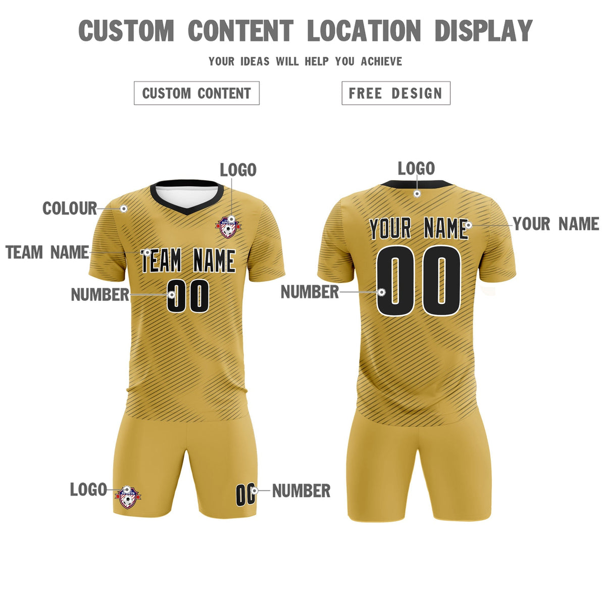 Custom Old Gold Black Training Uniform For Men Soccer Sets Jersey