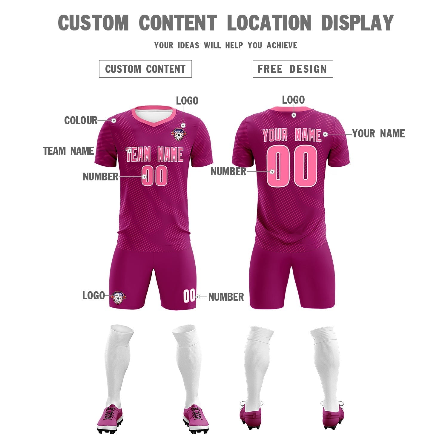 Custom Rose Red Pink Training Uniform For Men Soccer Sets Jersey