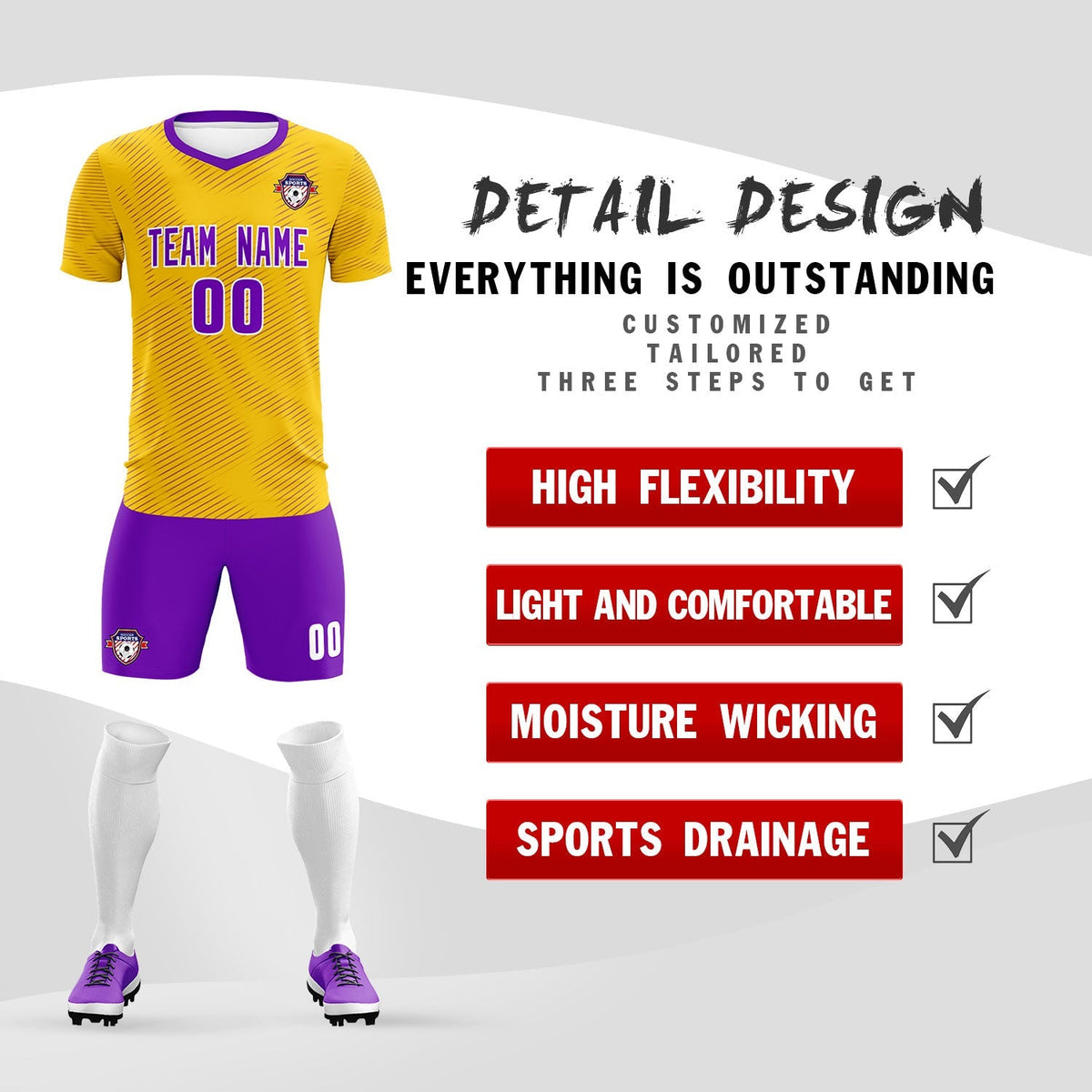 Custom Gold Purple Training Uniform For Men Soccer Sets Jersey