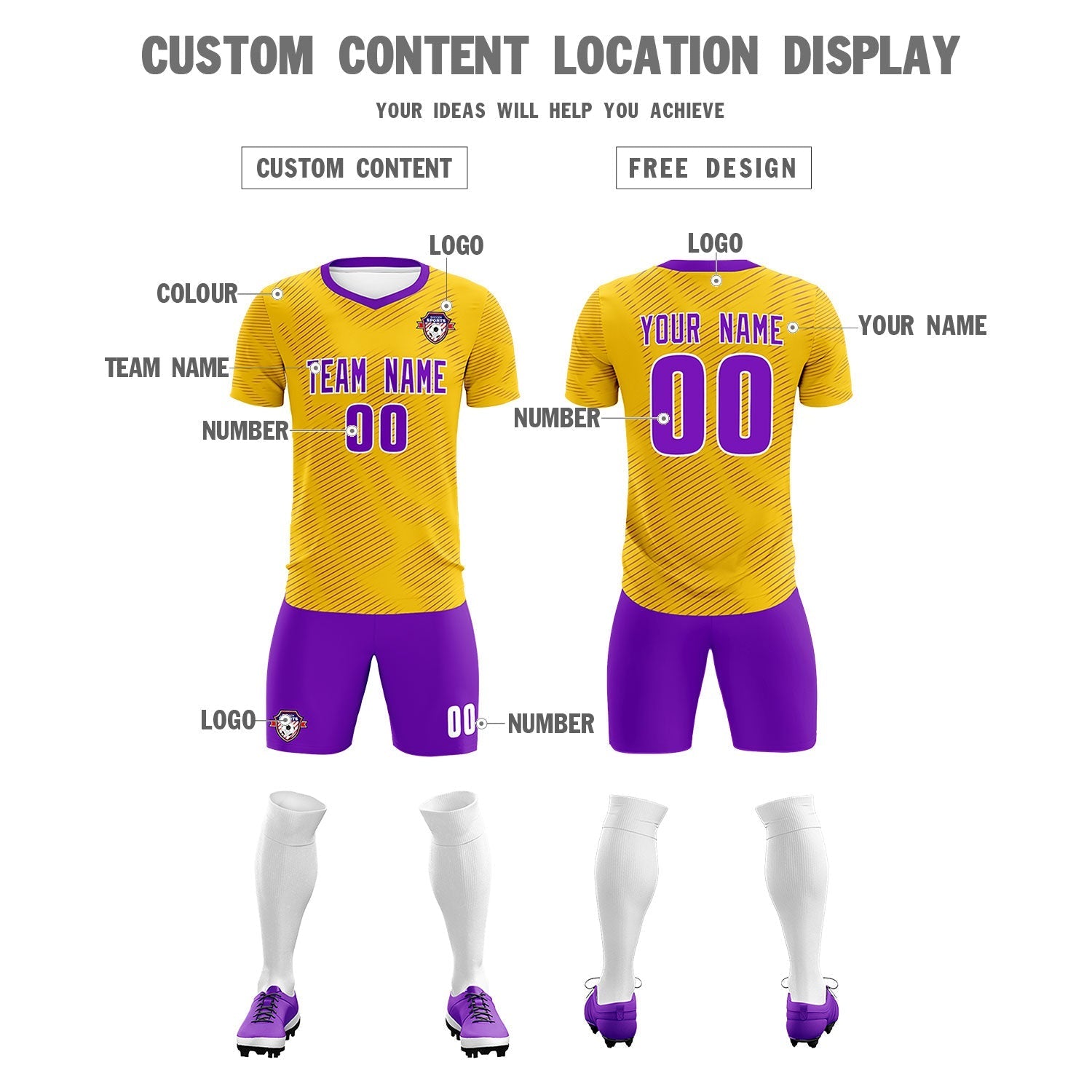 Custom Gold Purple Training Uniform For Men Soccer Sets Jersey