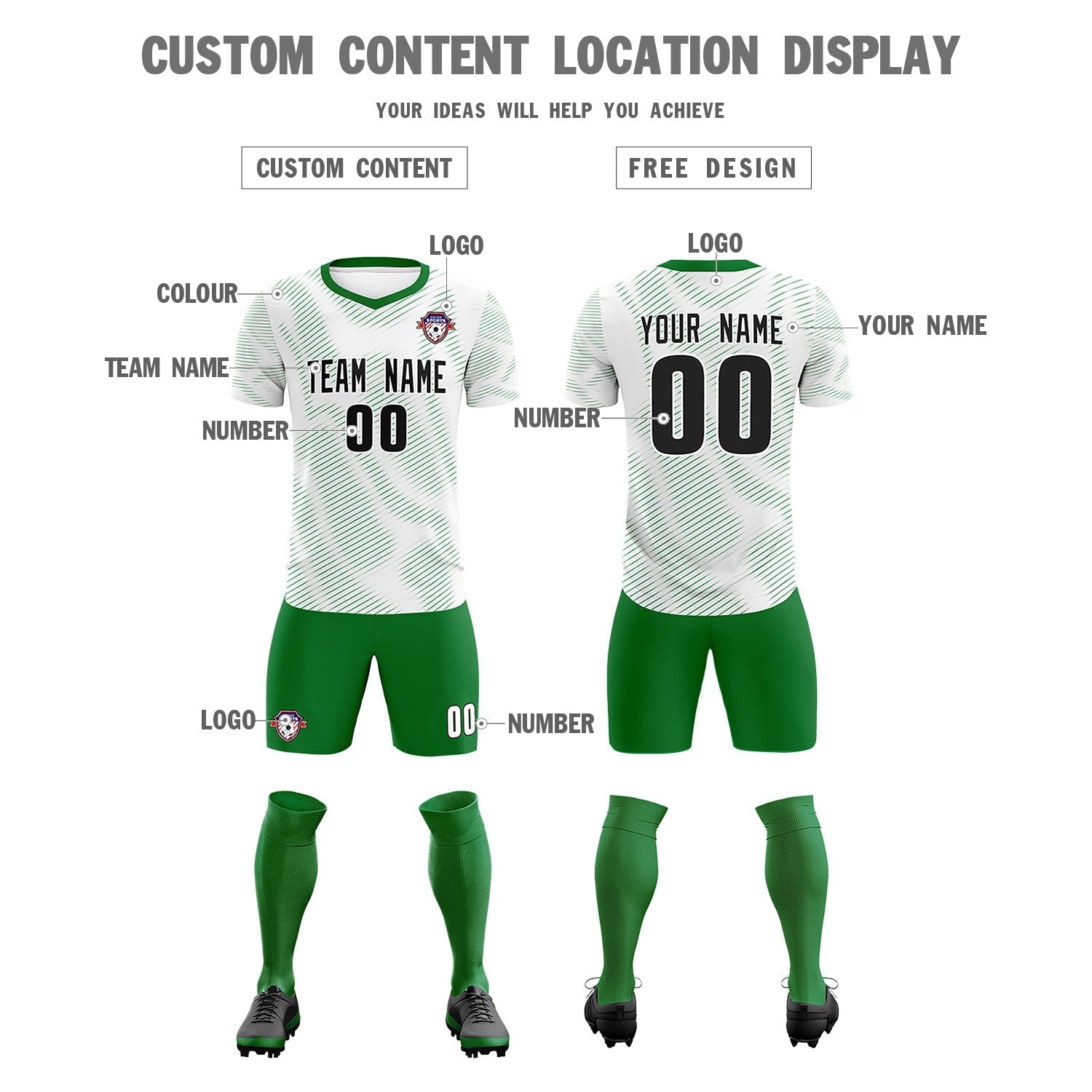 Custom White Kelly Green Training Uniform For Men Soccer Sets Jersey