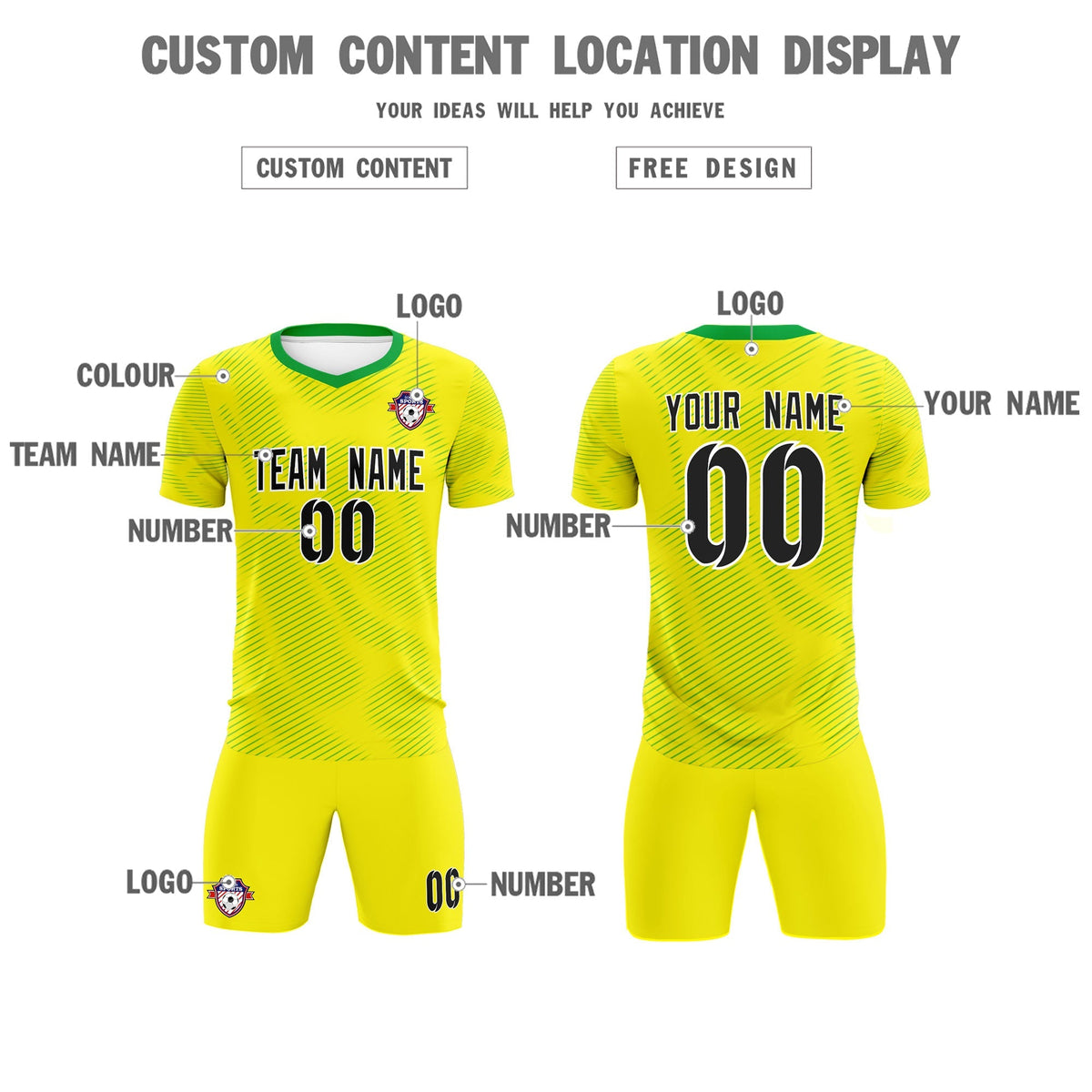 Custom Gold Kelly Green Training Uniform For Men Soccer Sets Jersey