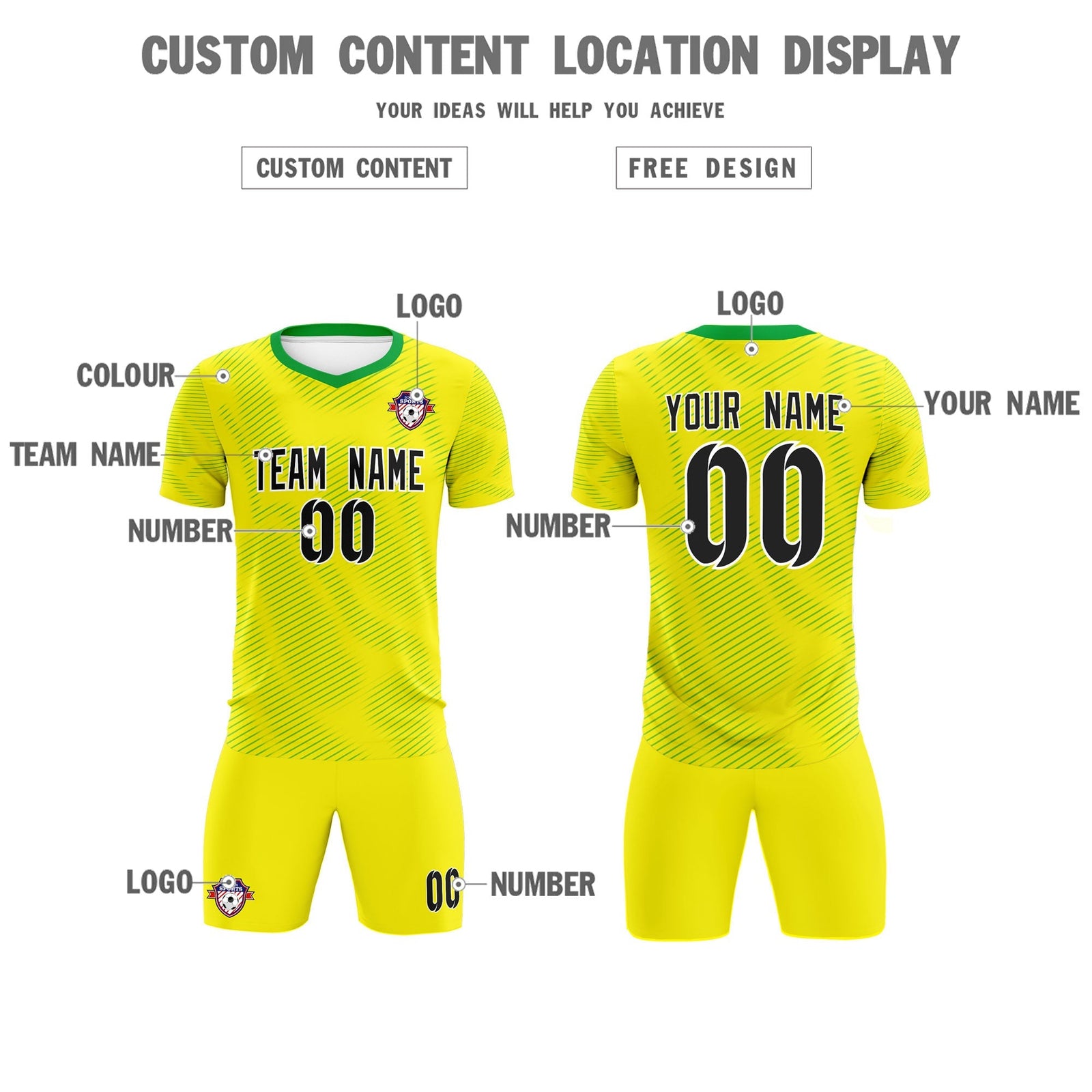 Custom Gold Kelly Green Training Uniform For Men Soccer Sets Jersey