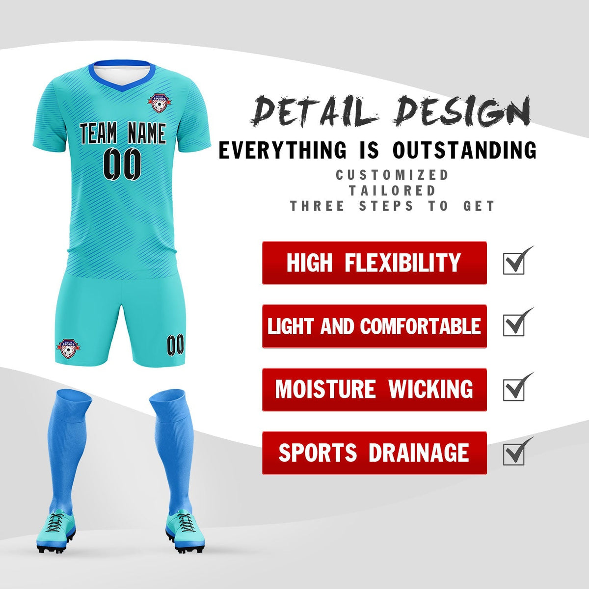 Custom Sky Blue Powder Blue Training Uniform For Men Soccer Sets Jersey