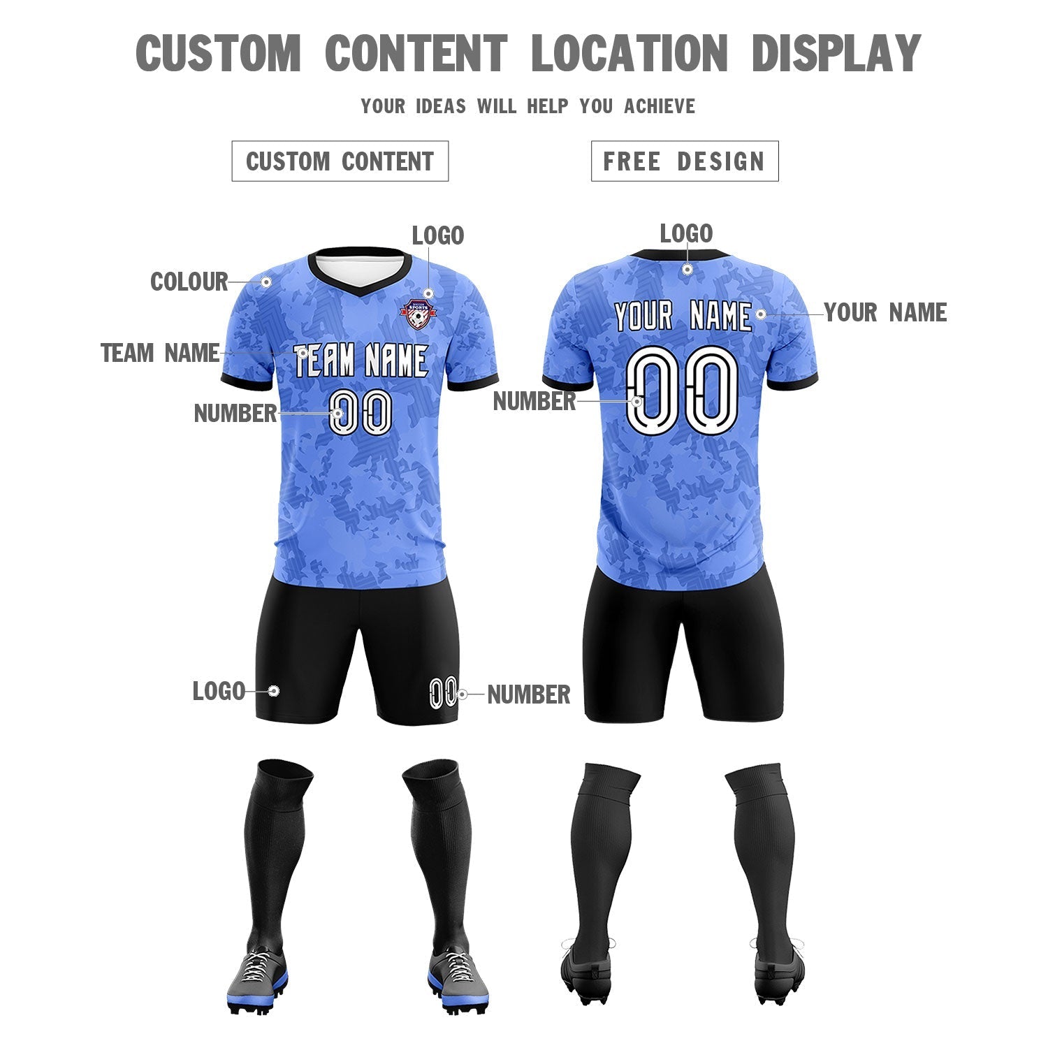 Custom Light Blue Camo sports Soccer Tops/Sets Jersey