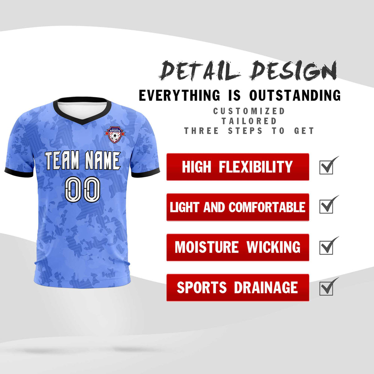 Custom Light Blue Camo sports Soccer Tops/Sets Jersey