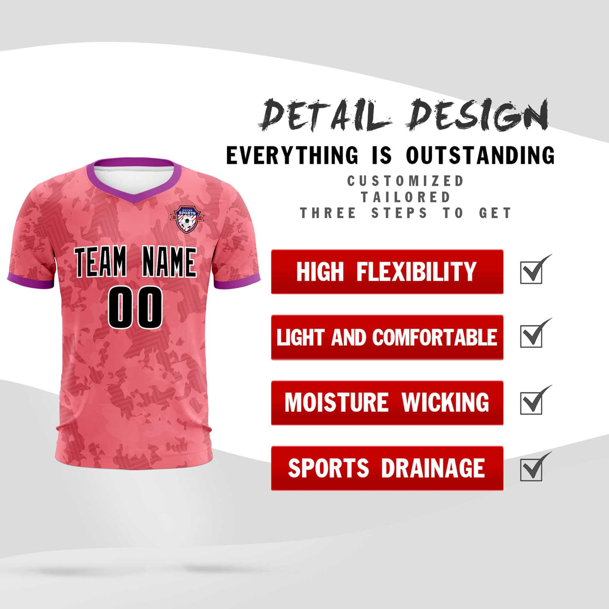 Custom Light Red Camo sports Soccer Tops/Sets Jersey