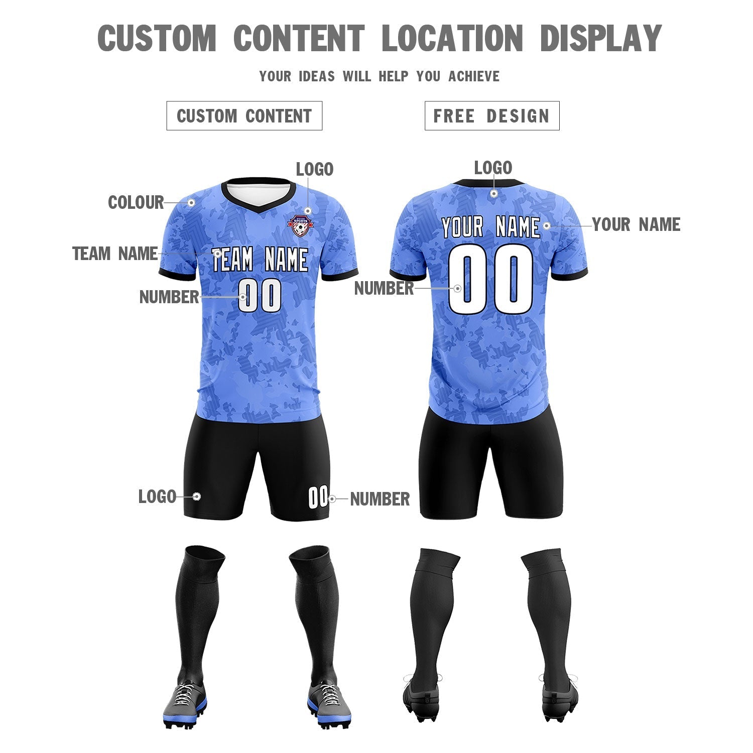 Custom Light Blue Camo sports Soccer Tops/Sets Jersey