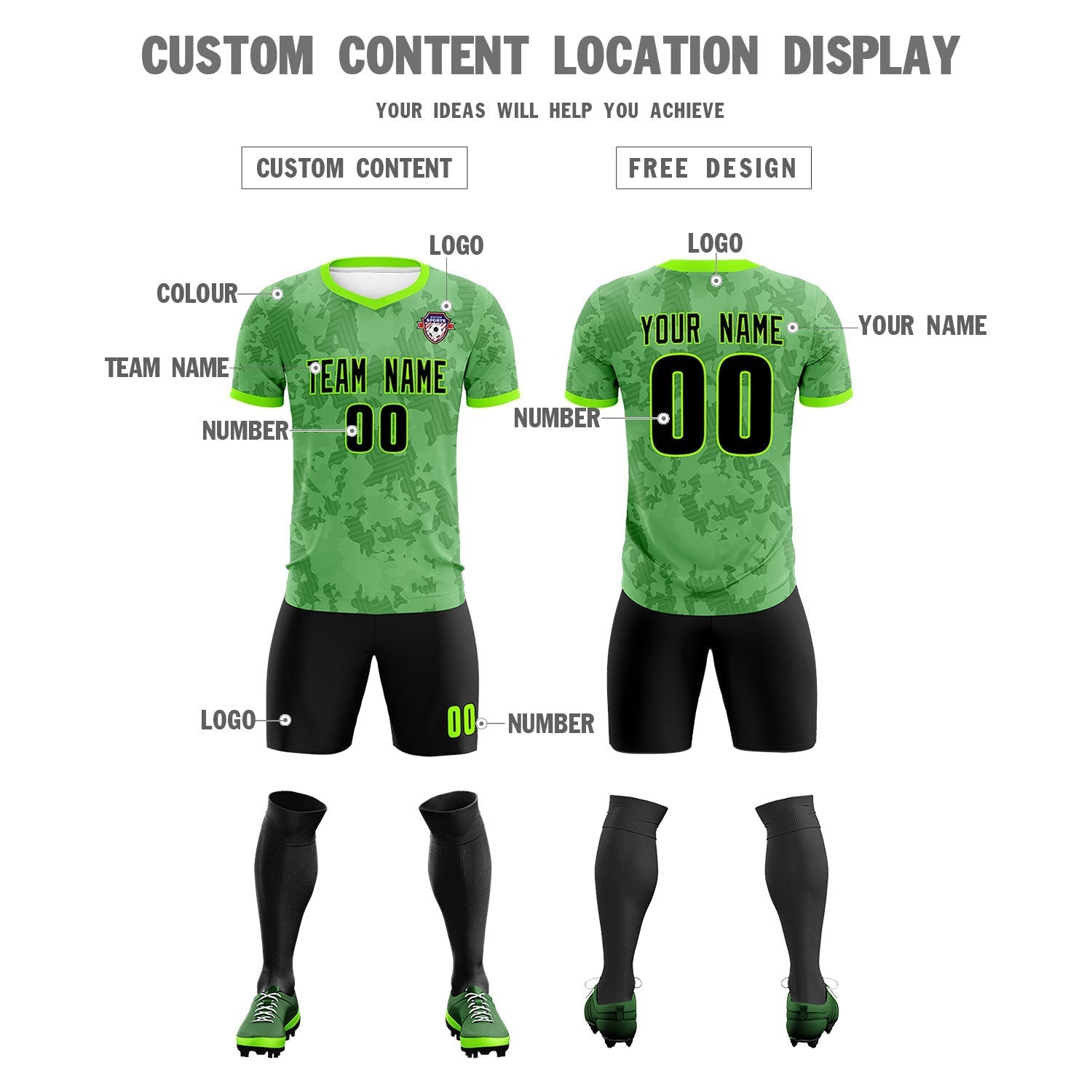 Custom Green Camo sports Soccer Tops/Sets Jersey