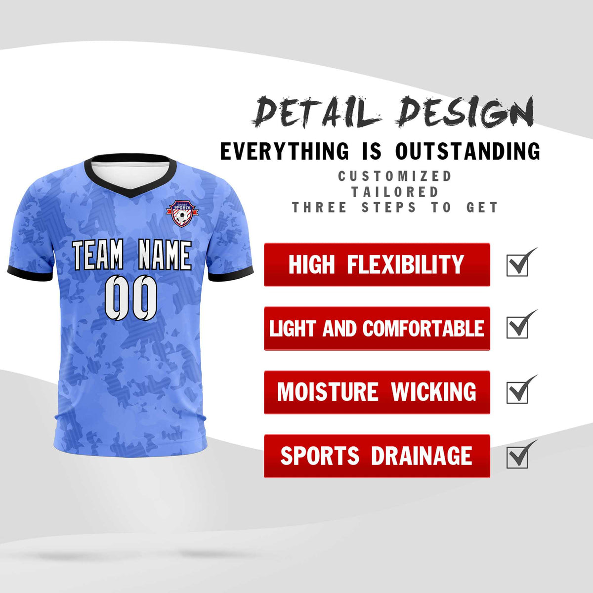 Custom Light Blue Camo sports Soccer Tops/Sets Jersey