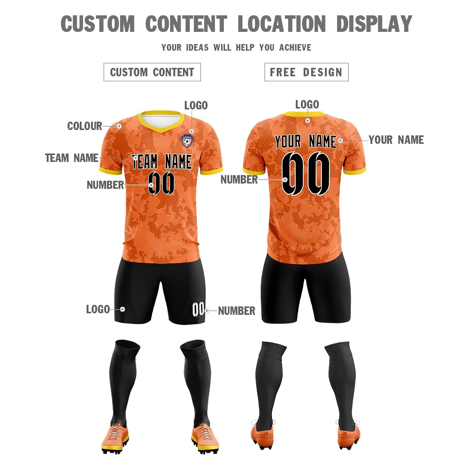 Custom Orange Camo sports Soccer Tops/Sets Jersey