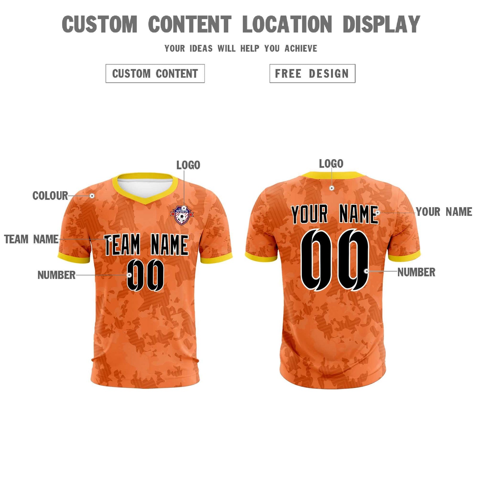 Custom Orange Camo sports Soccer Tops/Sets Jersey