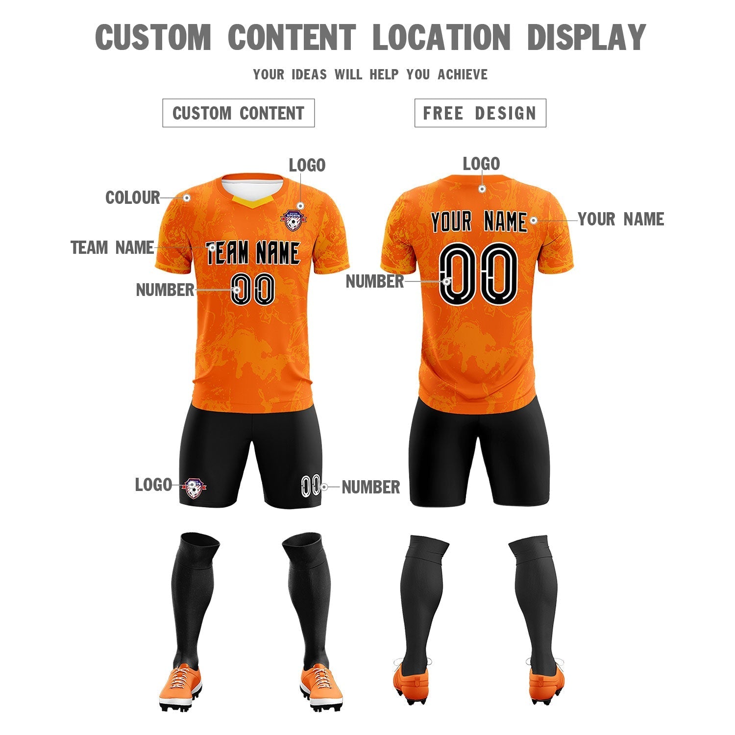 Custom Orange Classic Graffiti Pattern Sportswear Soccer Tops/Sets Jersey