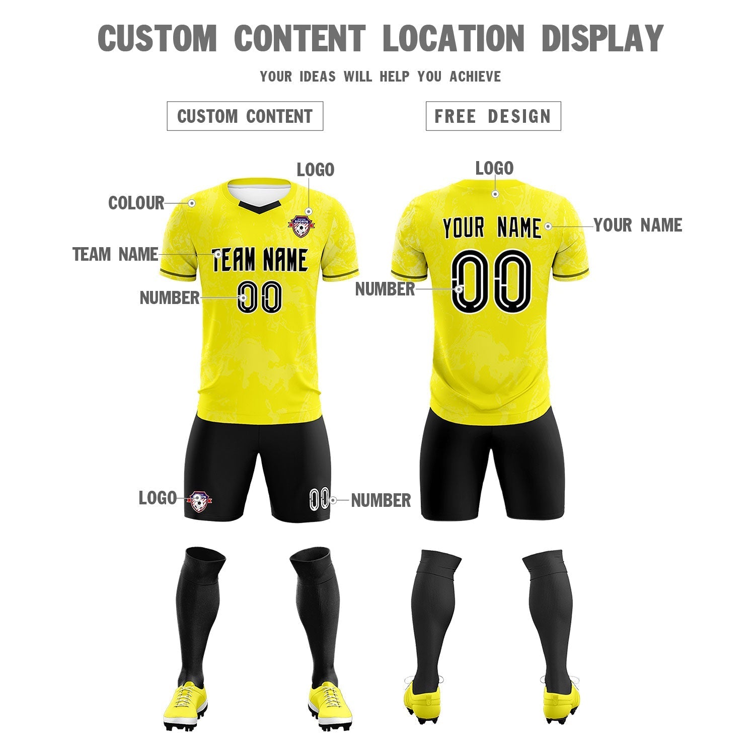 Custom Yellow Classic Graffiti Pattern Sportswear Soccer Tops/Sets Jersey