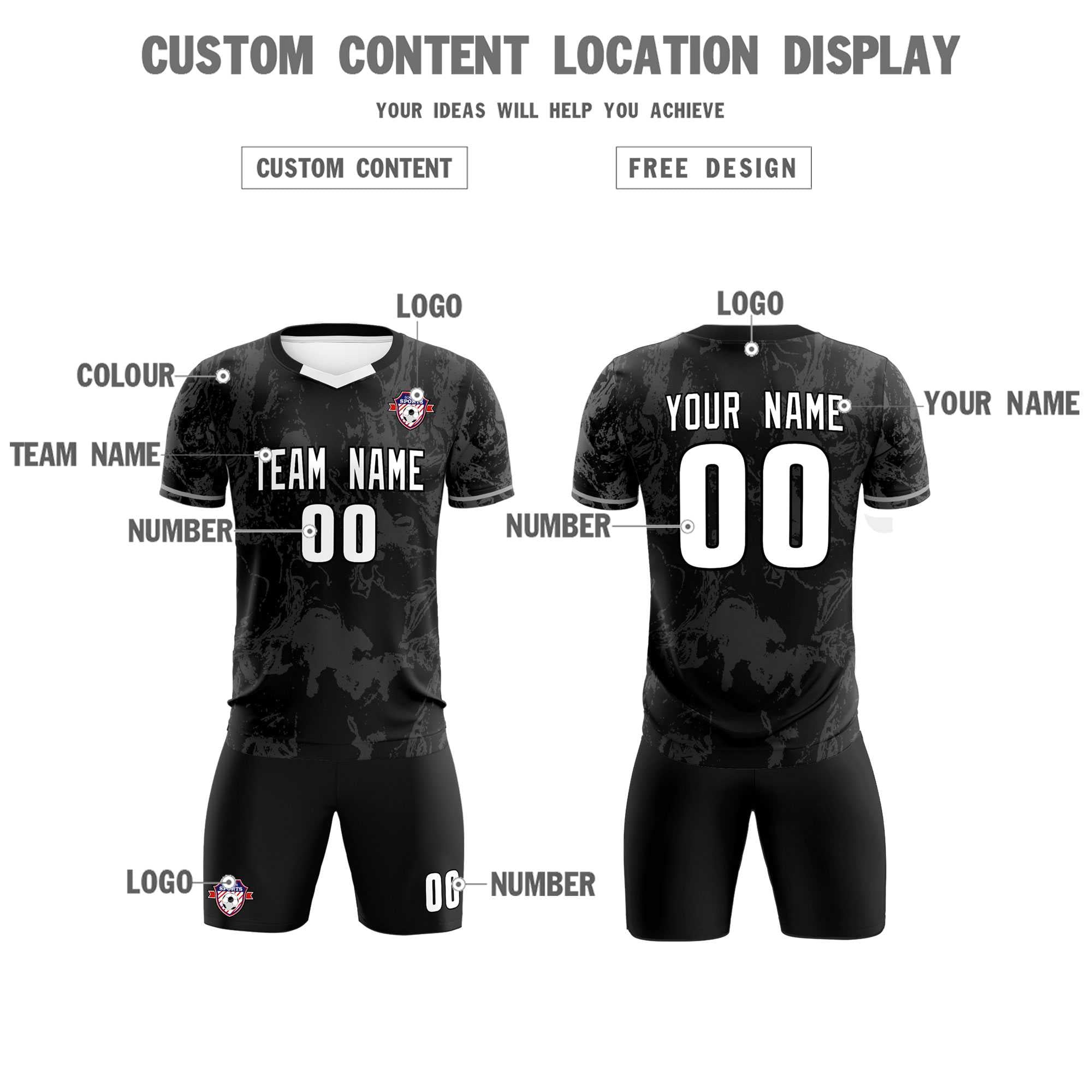 Custom Black Classic Graffiti Pattern Sportswear Soccer Tops/Sets Jersey
