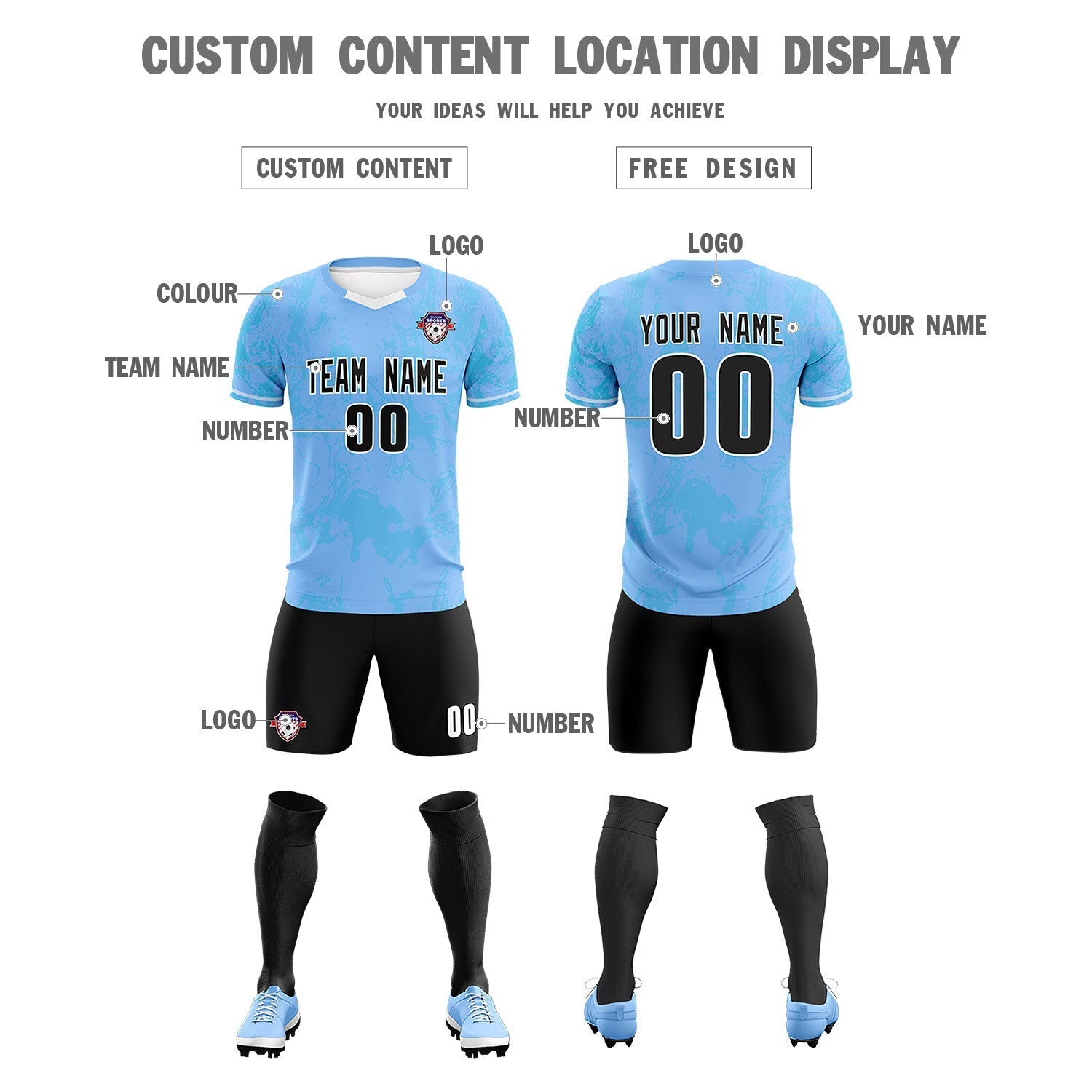 Custom Light Blue Classic Graffiti Pattern Sportswear Soccer Tops/Sets Jersey