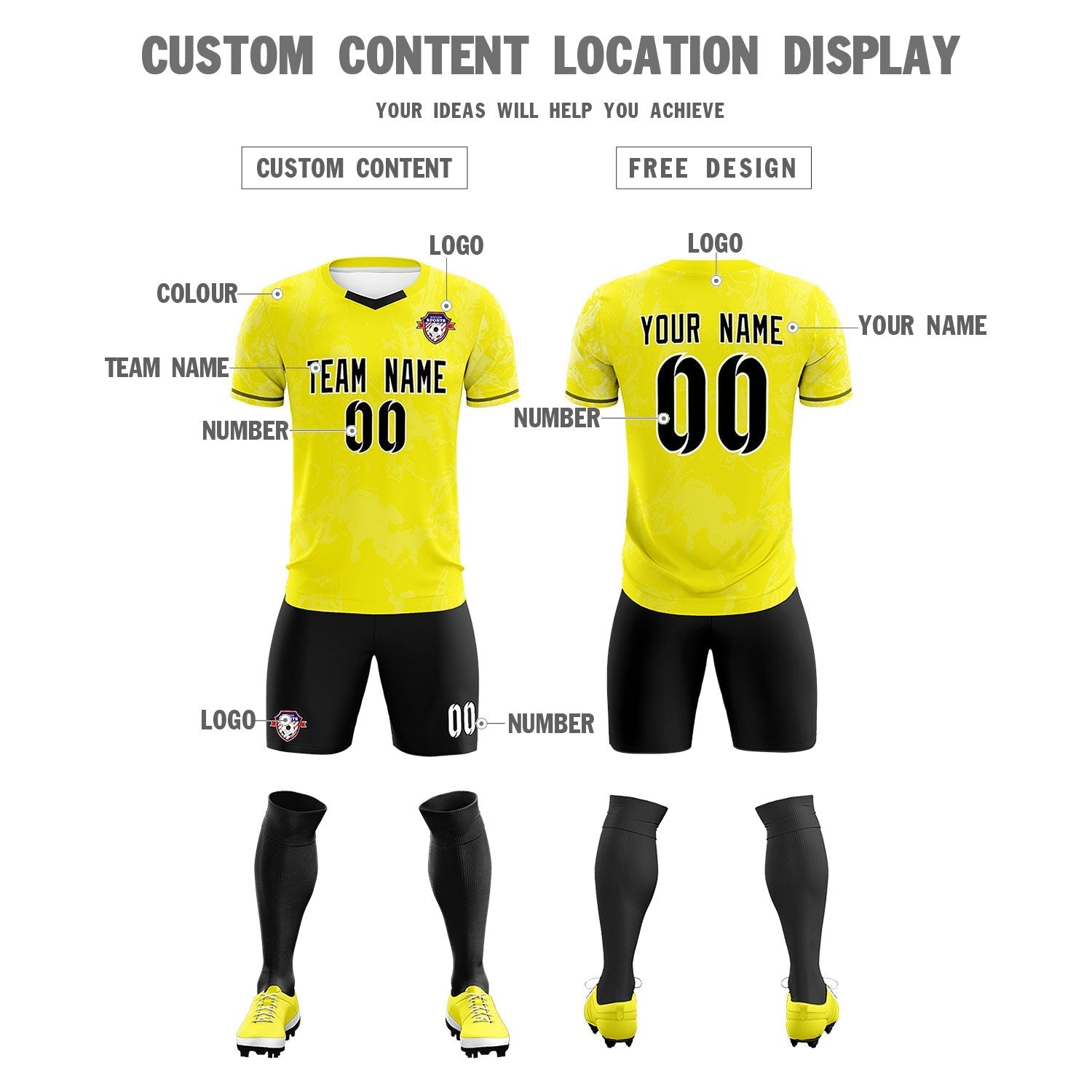 Custom Yellow Classic Graffiti Pattern Sportswear Soccer Tops/Sets Jersey