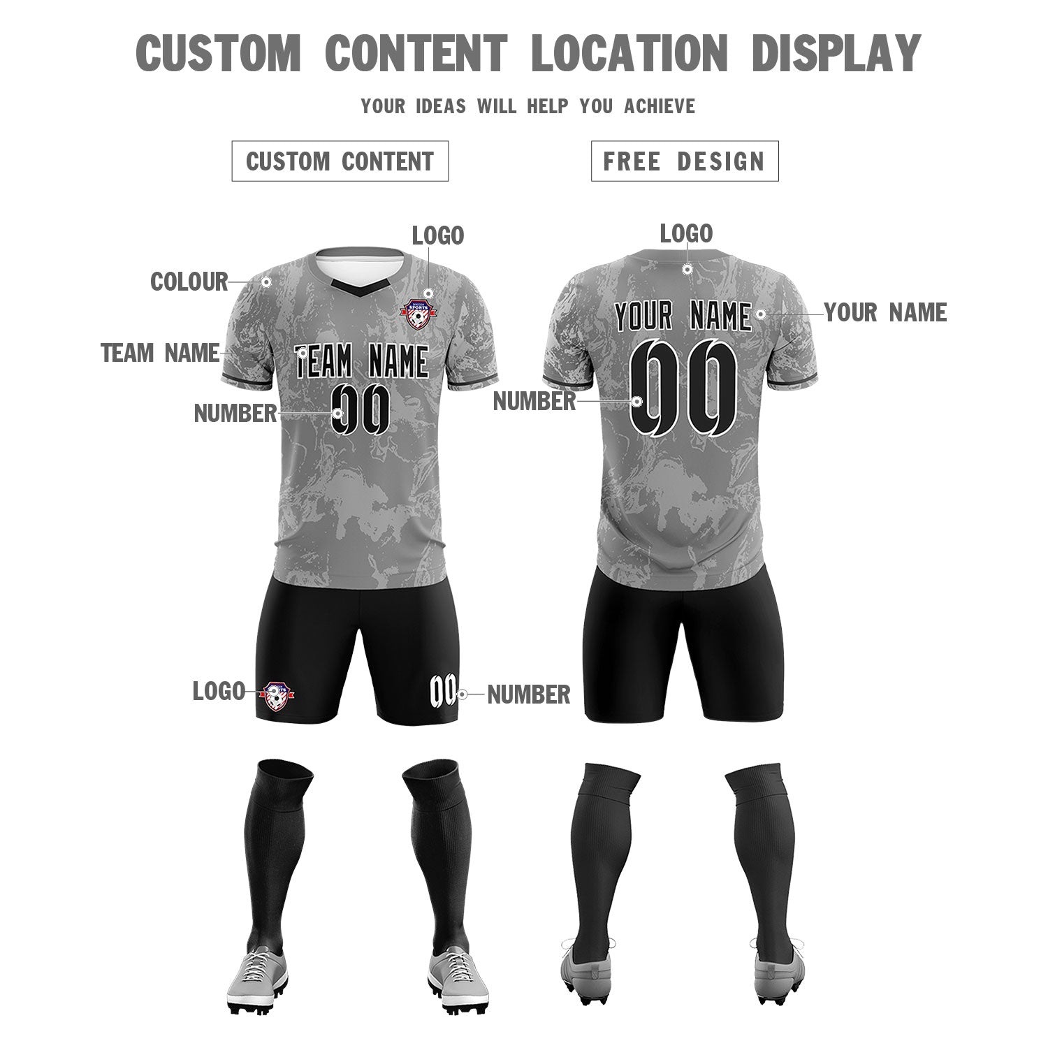 Custom Gray Classic Graffiti Pattern Sportswear Soccer Tops/Sets Jersey