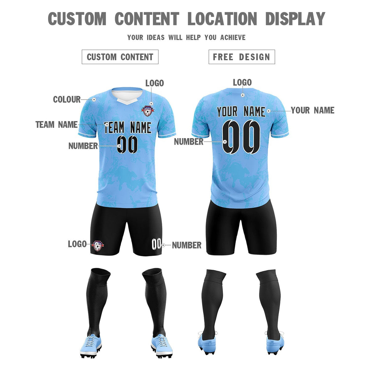 Custom Light Blue Classic Graffiti Pattern Sportswear Soccer Tops/Sets Jersey