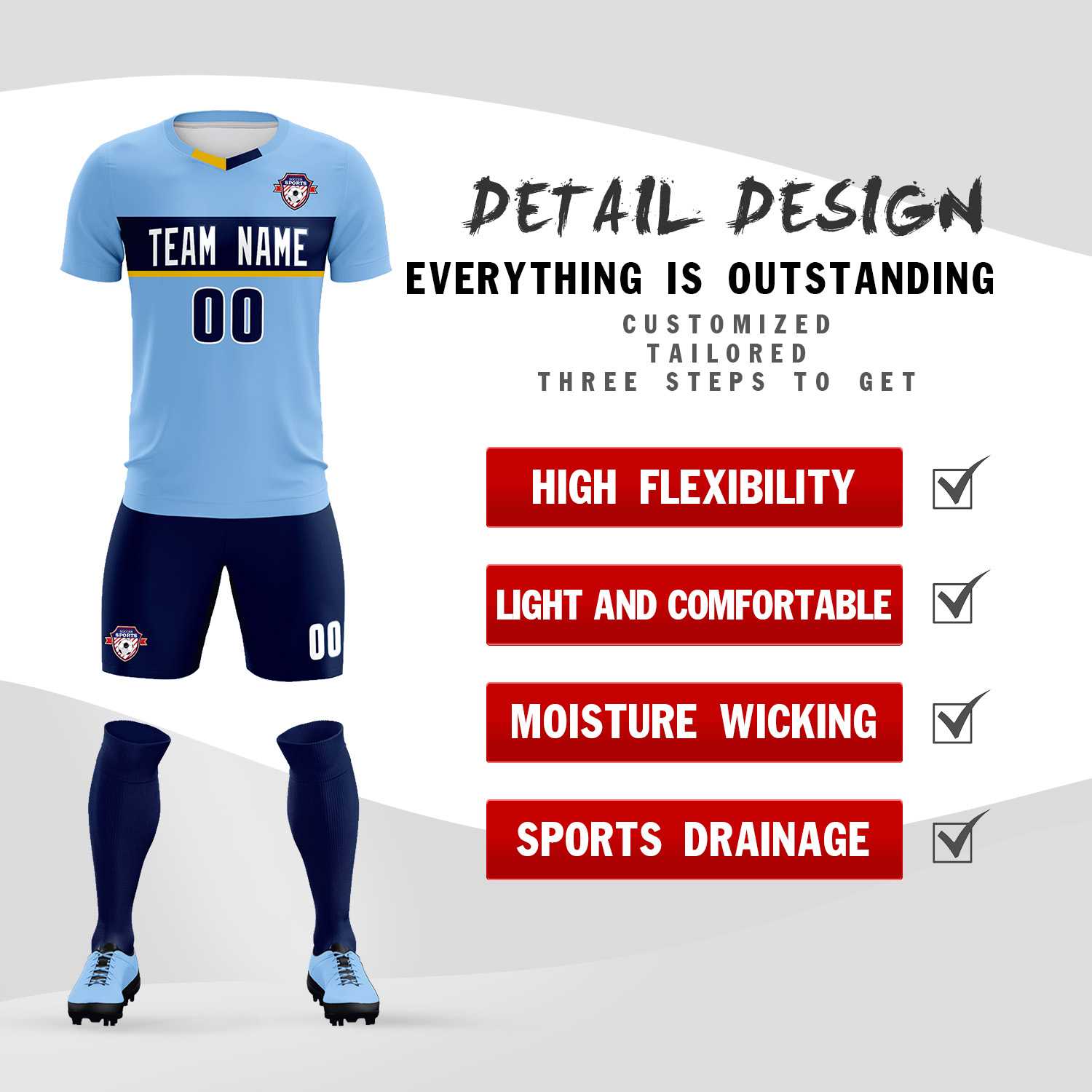 Custom Light Blue Classic Sports Sets Soccer Shirt Jersey