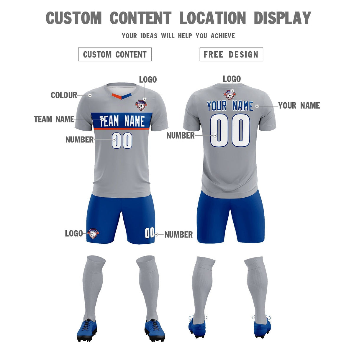 Custom Gray Classic Sports Sets Soccer Shirt Jersey