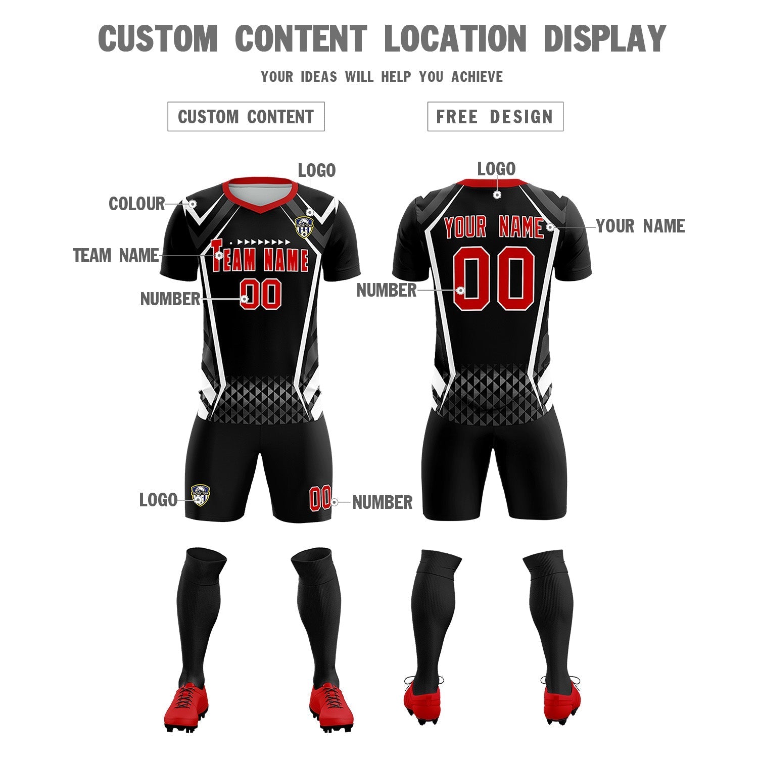 Custom Black Abstract Breathable Soccer Tops/Sets Jersey