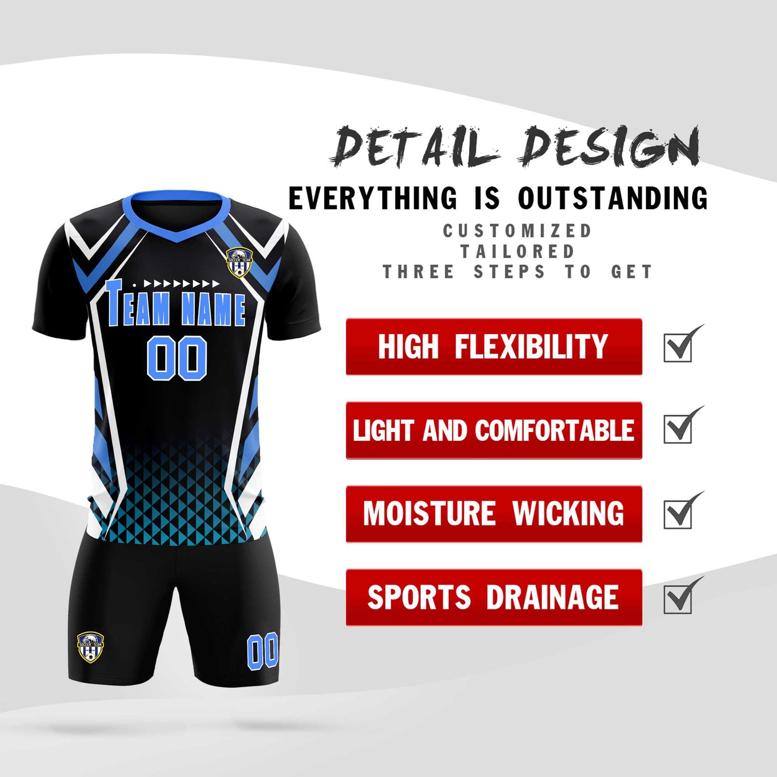 Custom Black Abstract Breathable Soccer Tops/Sets Jersey