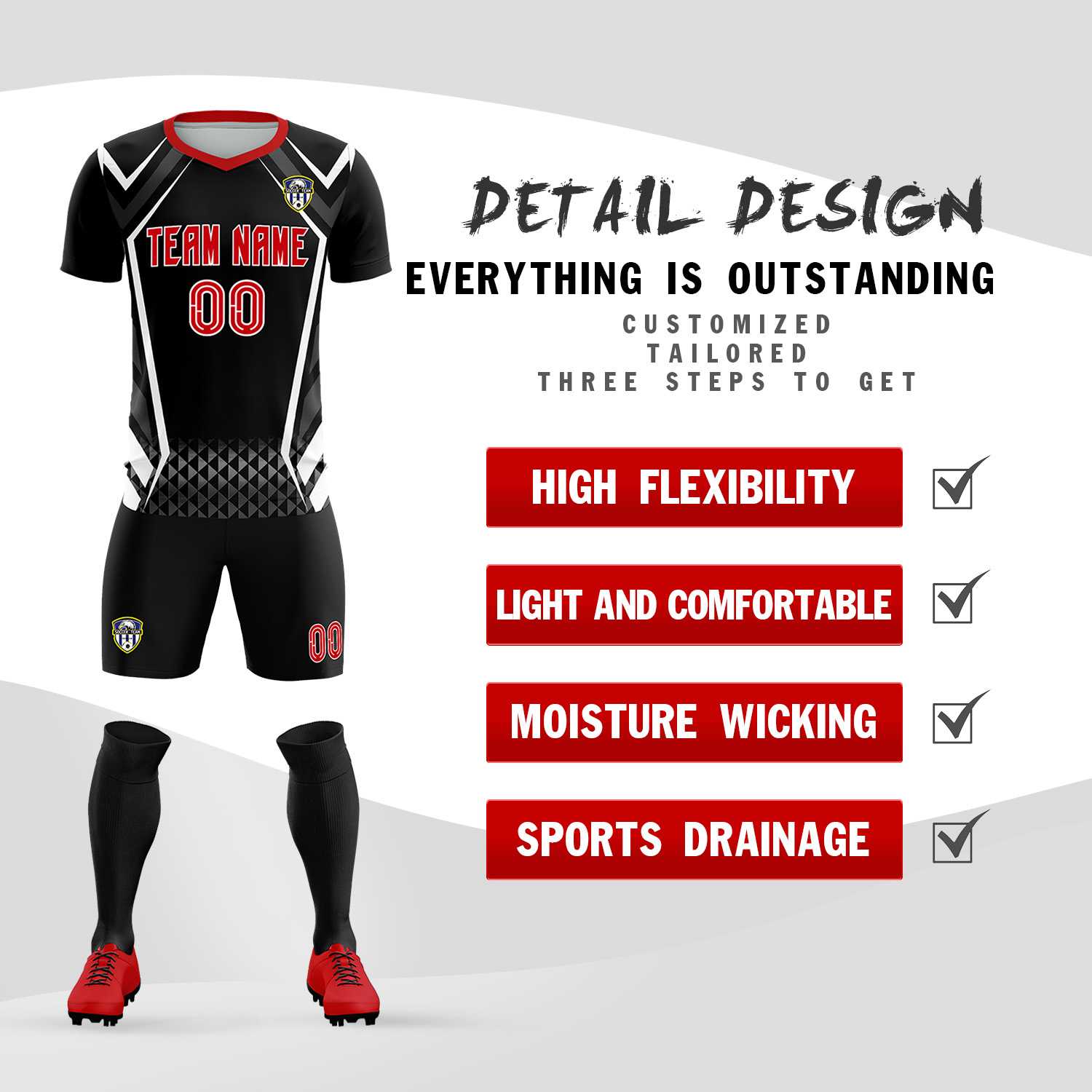 Custom Black Abstract Breathable Soccer Tops/Sets Jersey