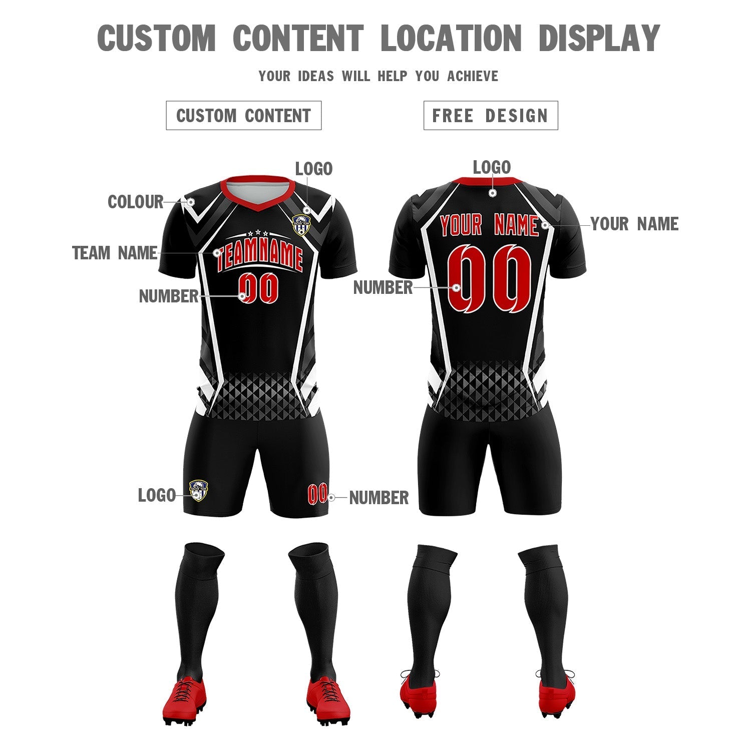 Custom Black Abstract Breathable Soccer Tops/Sets Jersey