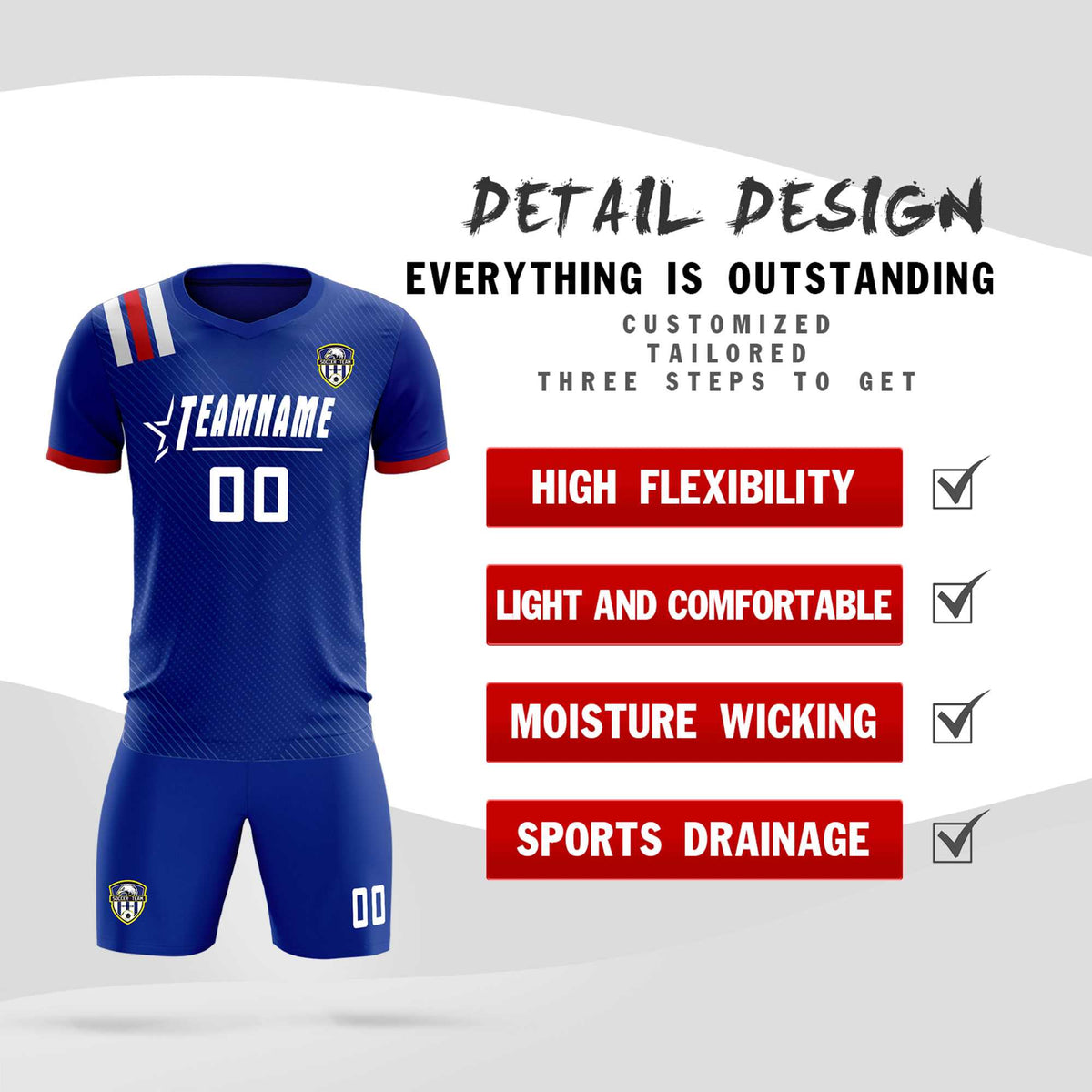 Custom Royal Striped Sportswear Soccer Tops/Sets Jersey For Adults