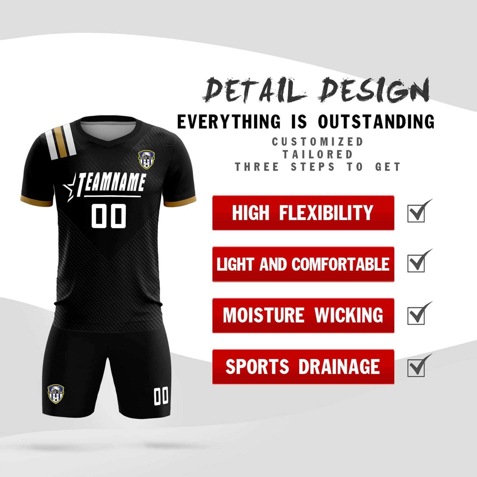 Custom Black Striped Sportswear Soccer Tops/Sets Jersey For Adults