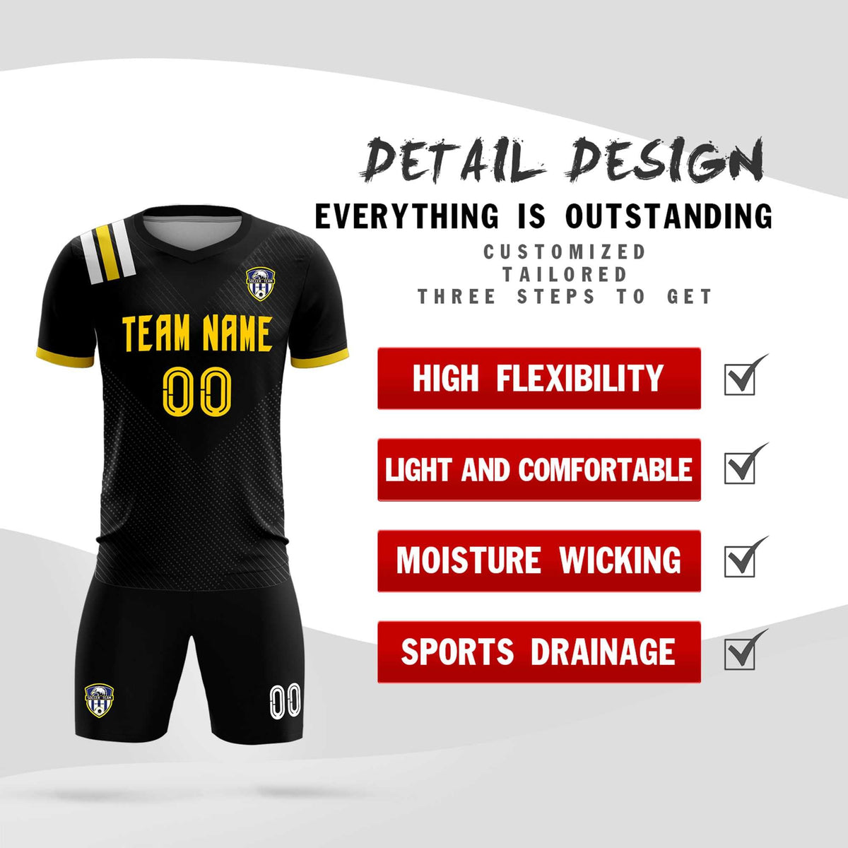 Custom Black Striped Sportswear Soccer Tops/Sets Jersey For Adults