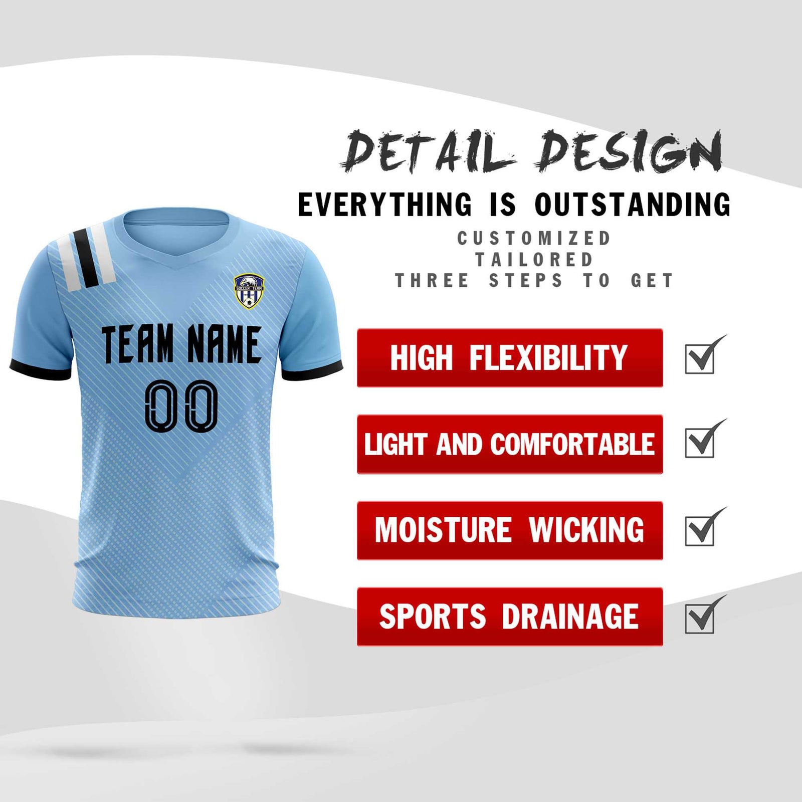 Custom Light Blue Striped Sportswear Soccer Tops/Sets Jersey For Adults