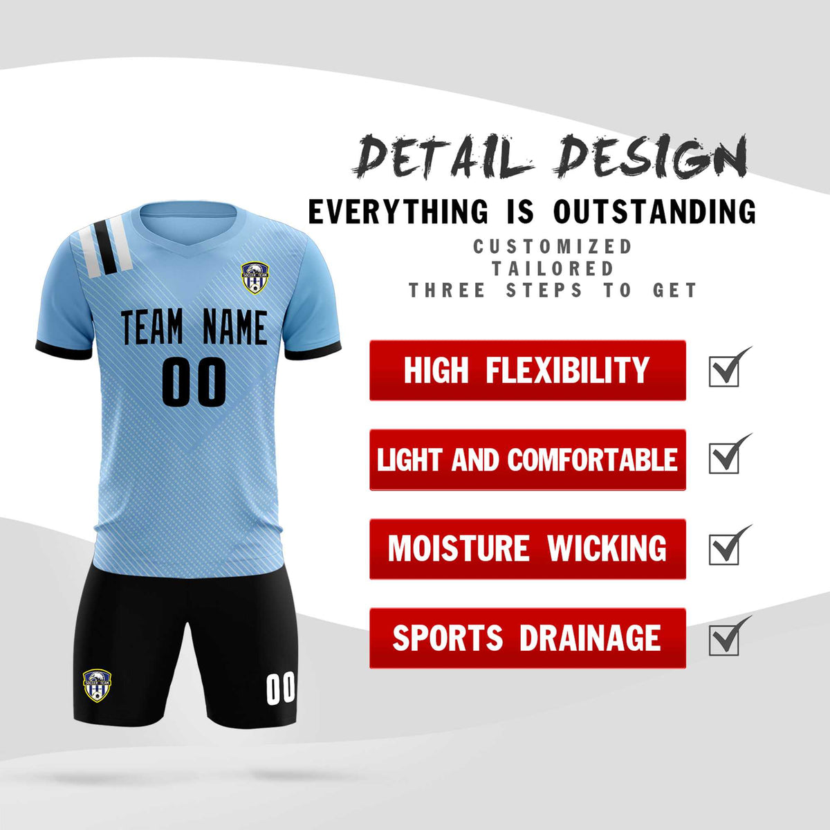 Custom Light Blue Striped Sportswear Soccer Tops/Sets Jersey For Adults