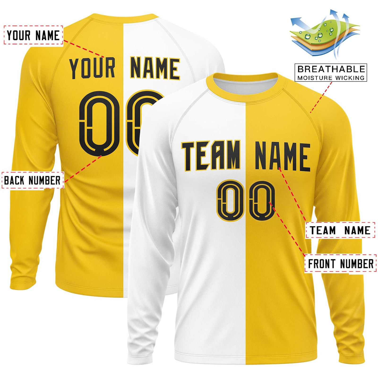 Custom White Gold Neck Split Design Long Sleeve Performance T-Shirt